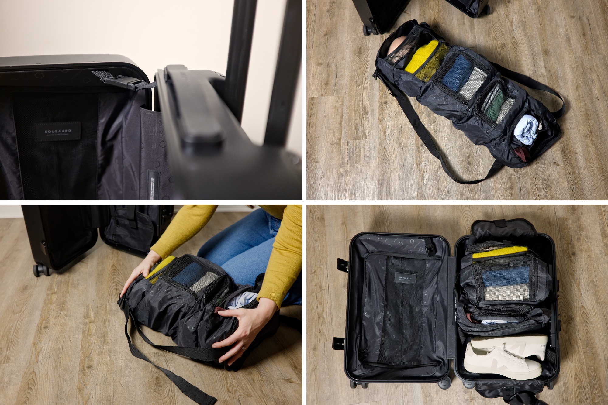 Four photos demonstrating packing the Solgaard Carry-On Closet