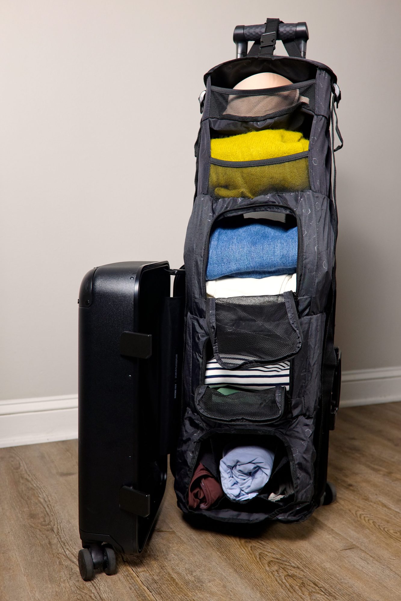 A carry-on closet with a weekend's worth of clothing