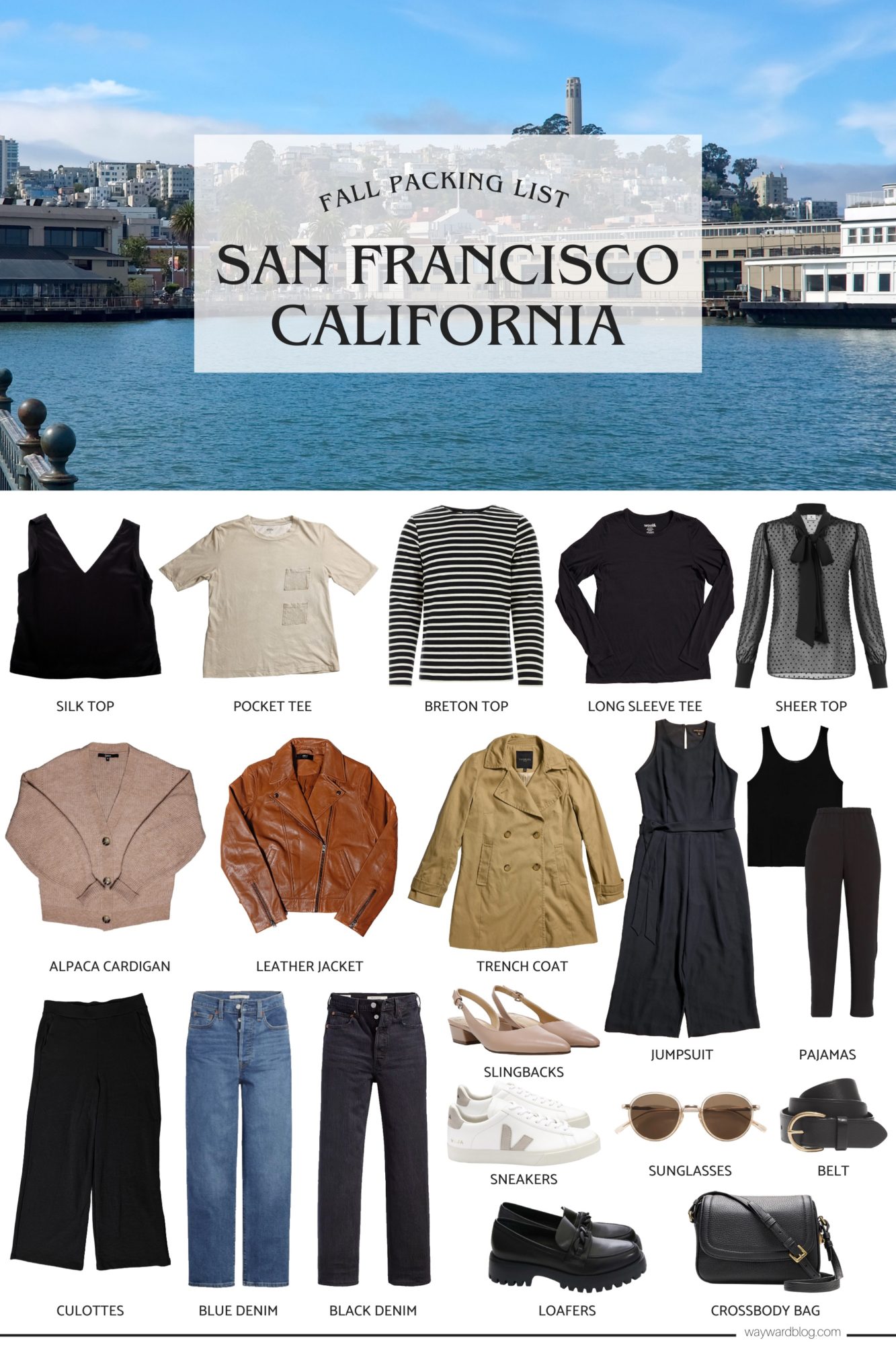 A collage of clothing, shoes, and accessories in the San Francisco Packing List