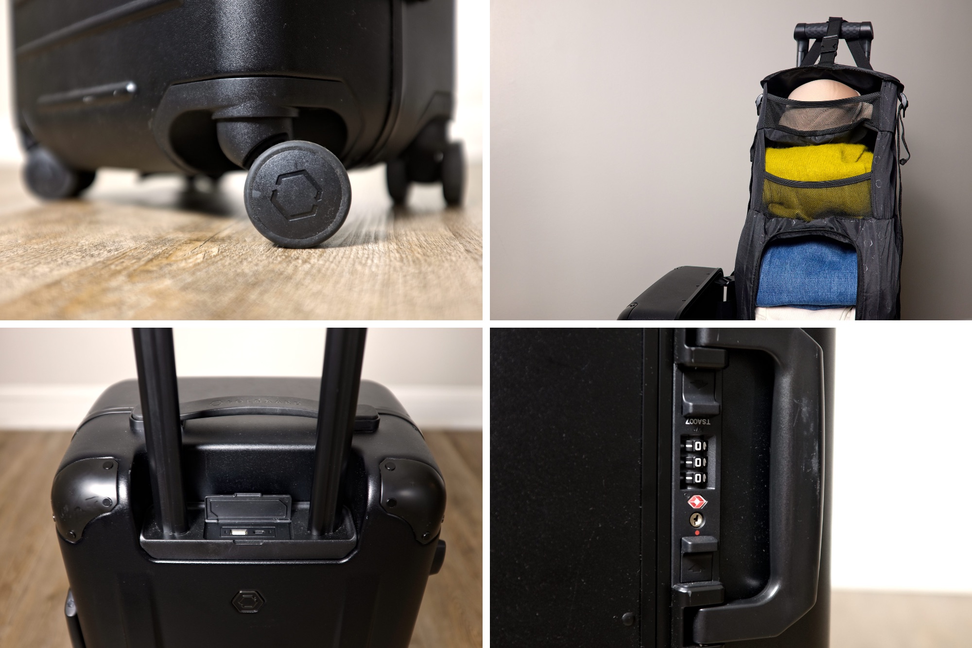 Four images showing the Carry-On Closet's wheels, closet, lock, and charging port