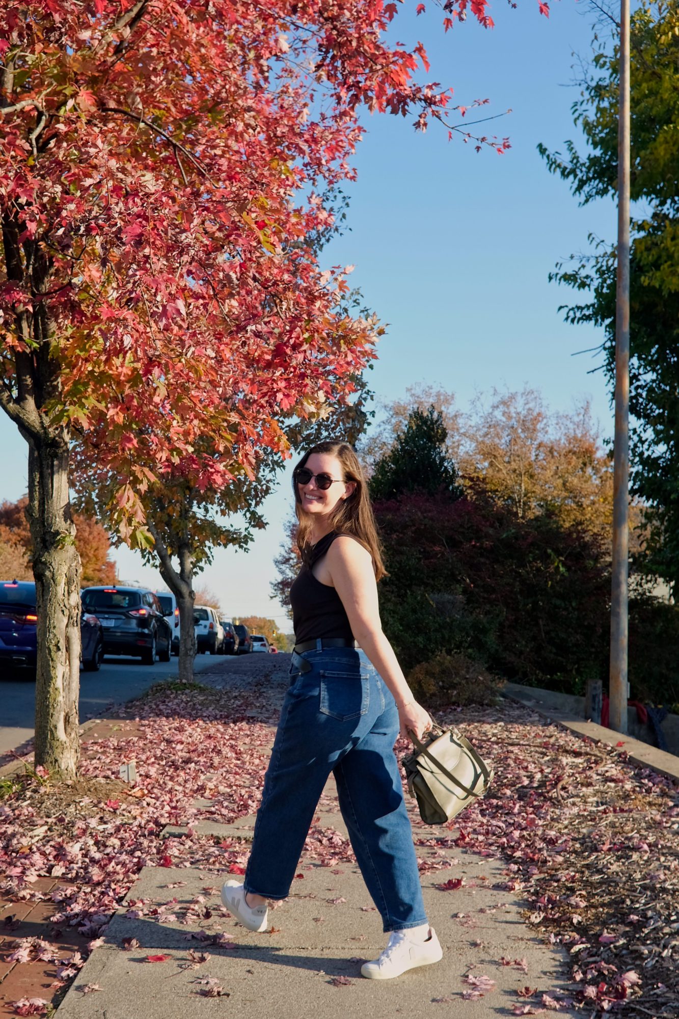 Alyssa walks away from the viewer in downtown Salisbury