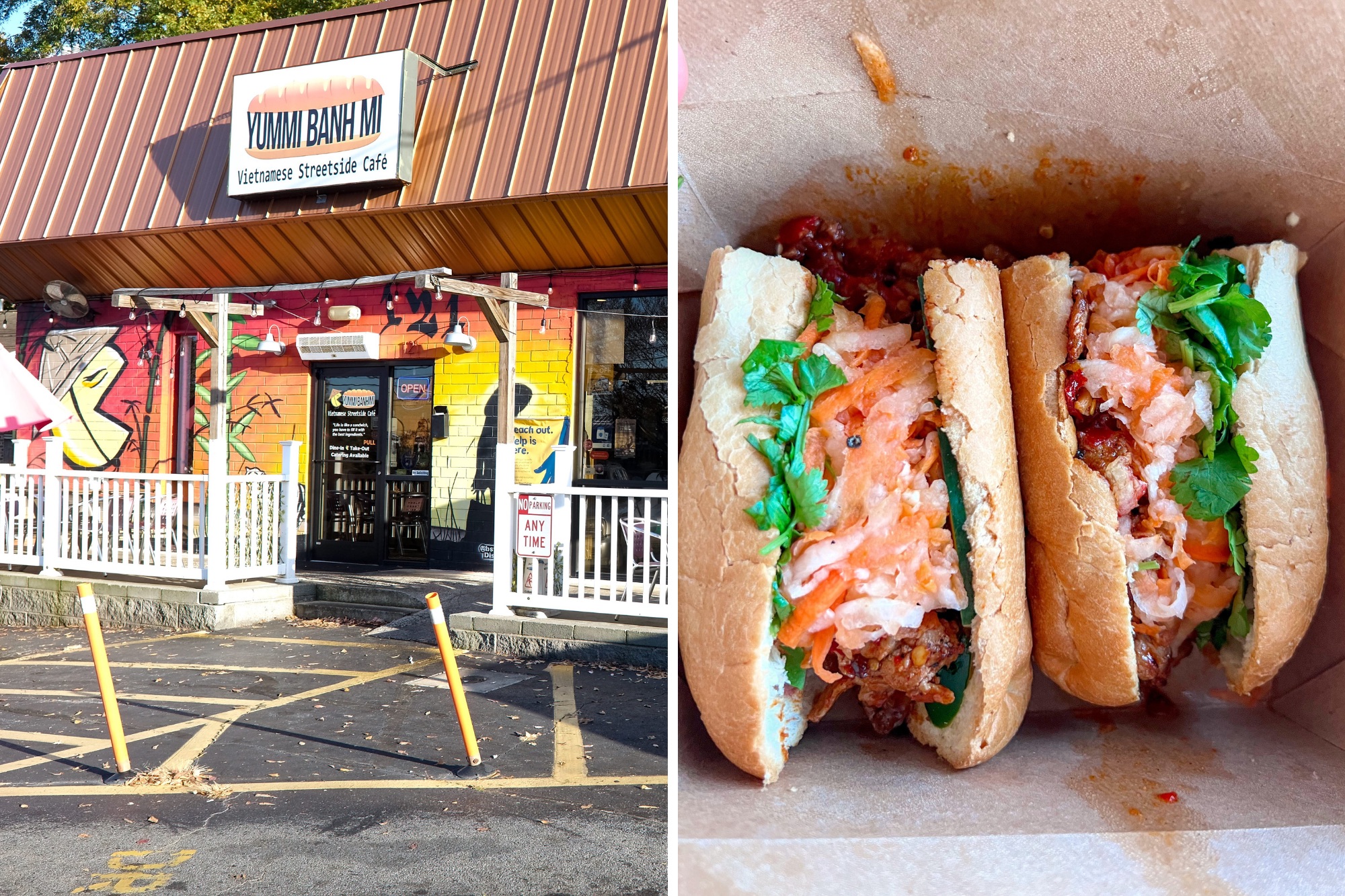 Exterior of Yummi Banh Mi and a sandwich