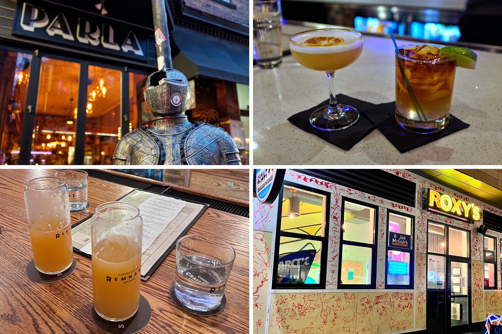 Exterior and beverages at four bars in Boston area