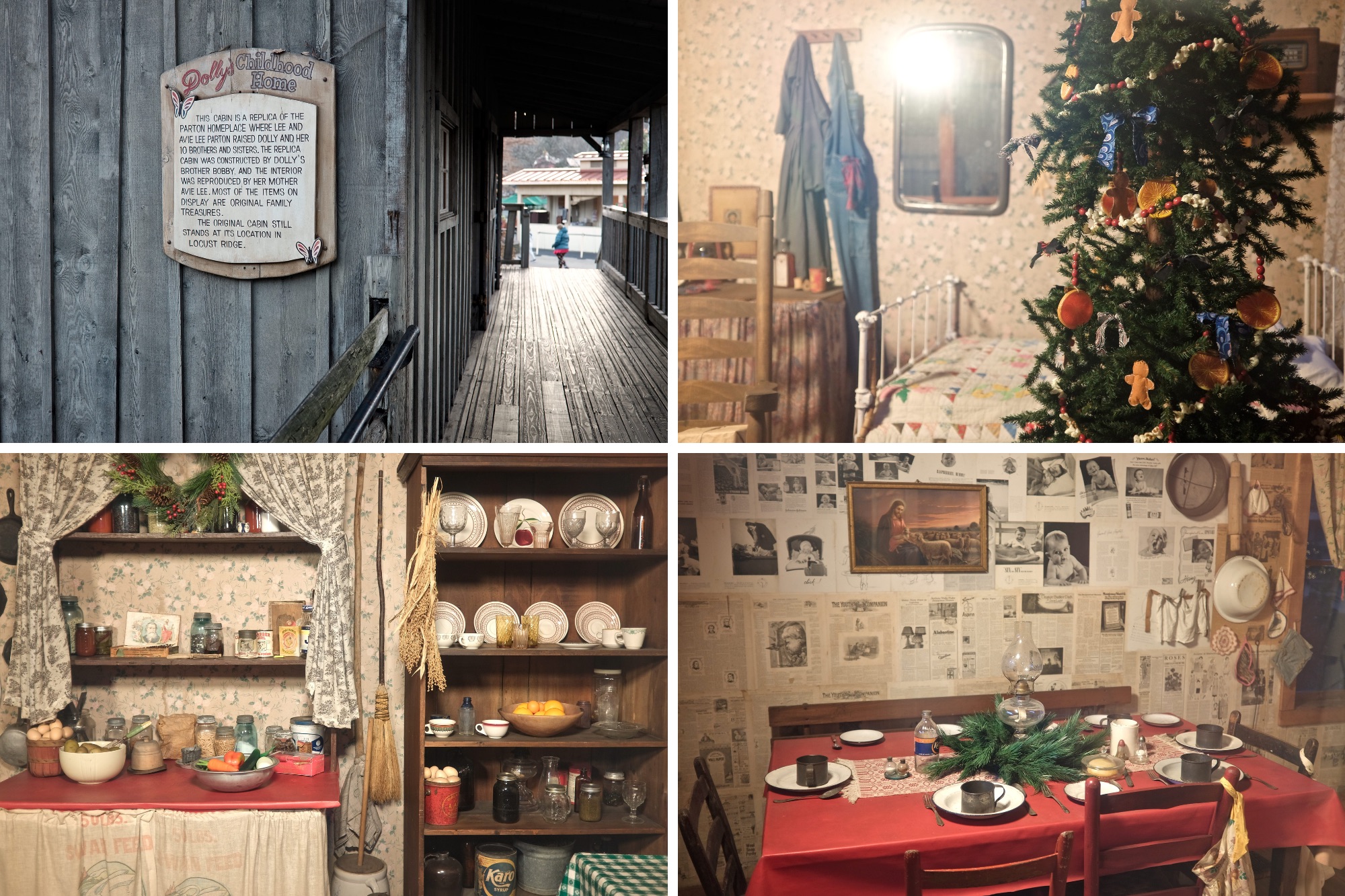 Four images of the replica childhood home of Dolly Parton at Dollywood
