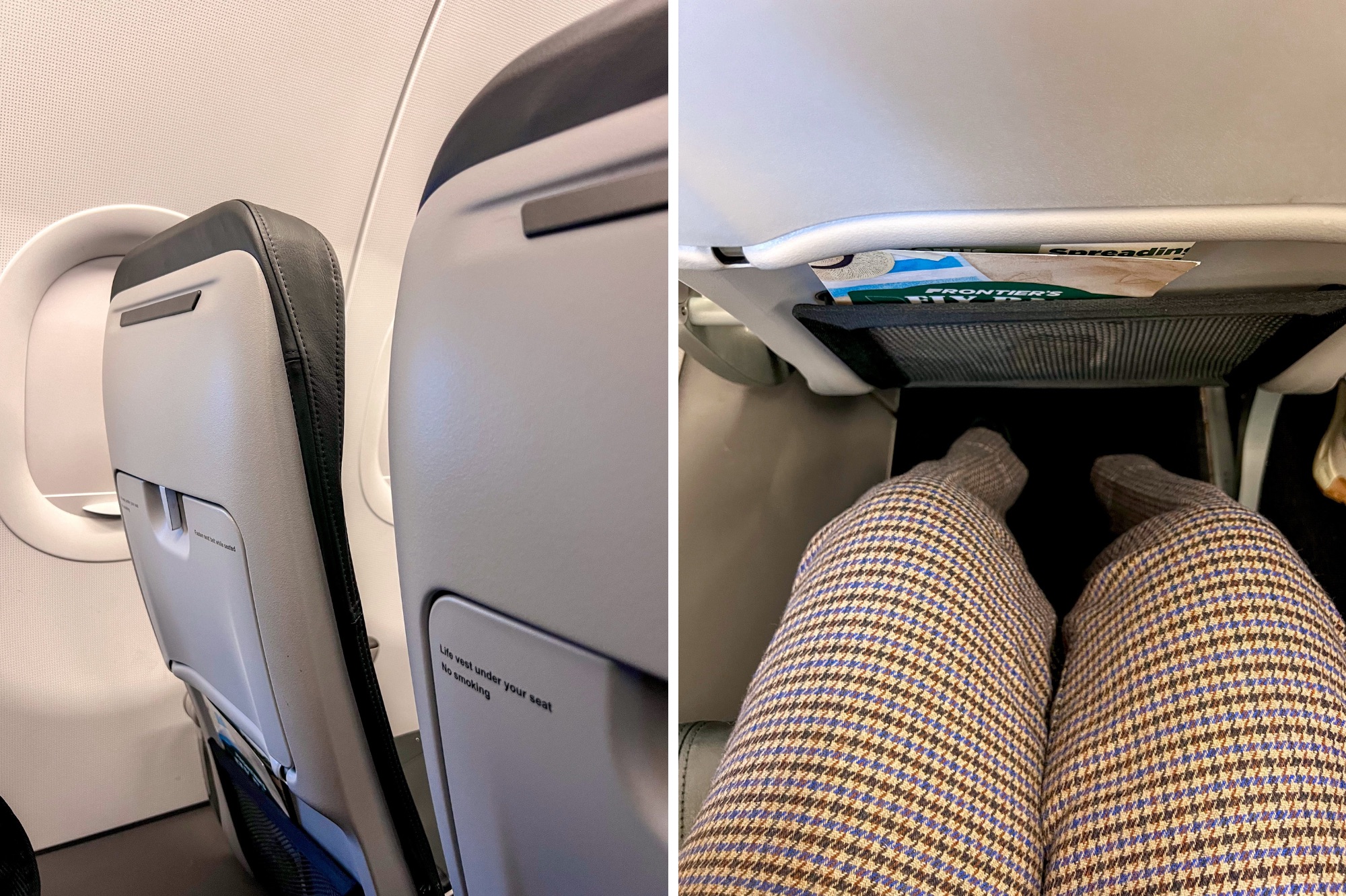 Two images: one of the thin Frontier seats and one of Alyssa's legroom on a Frontier flight