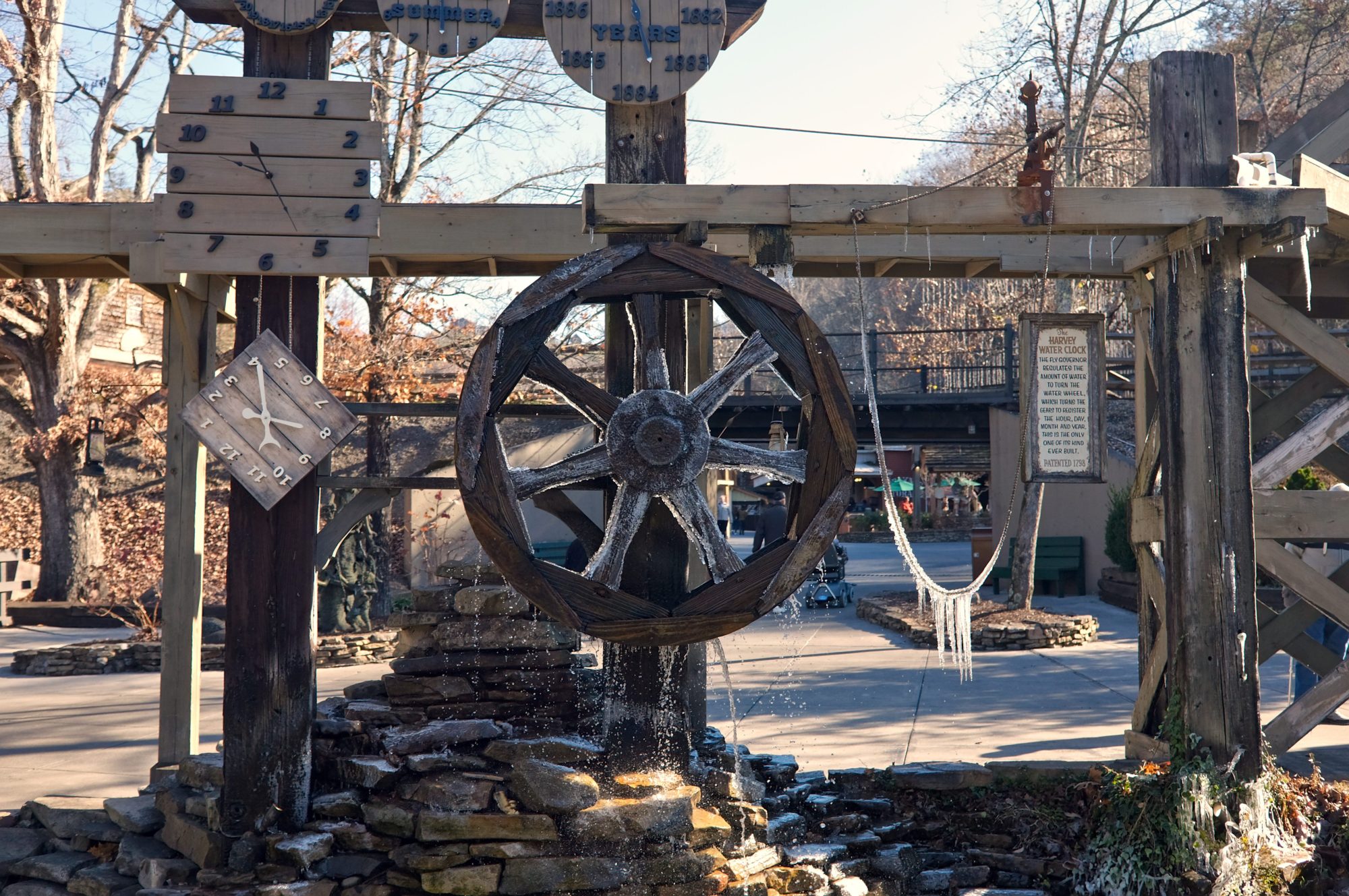 Icicles hang from Dollywood's Harvey Water Clock