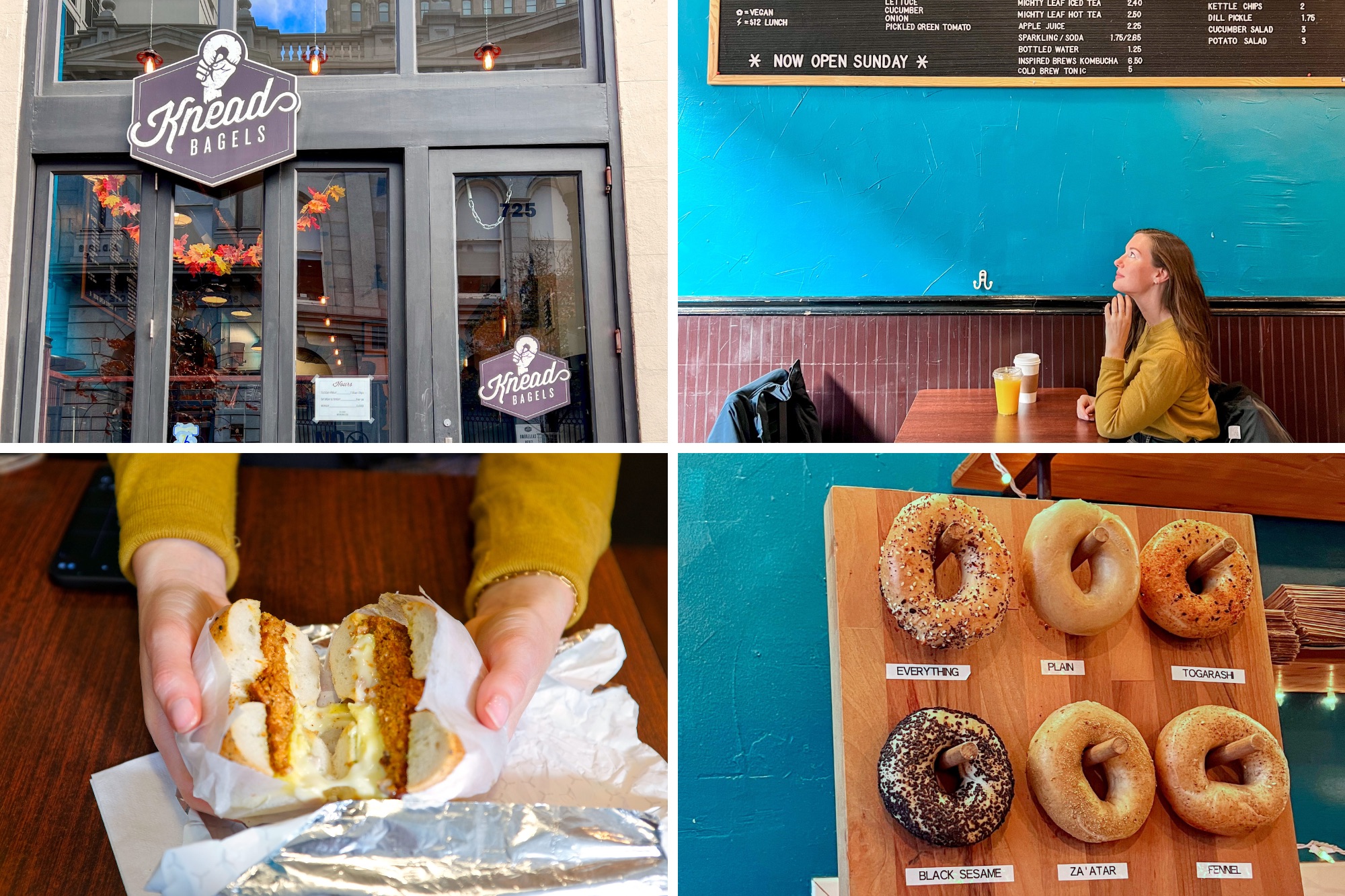 Four images from Knead Bagels, including a bagel sandwich