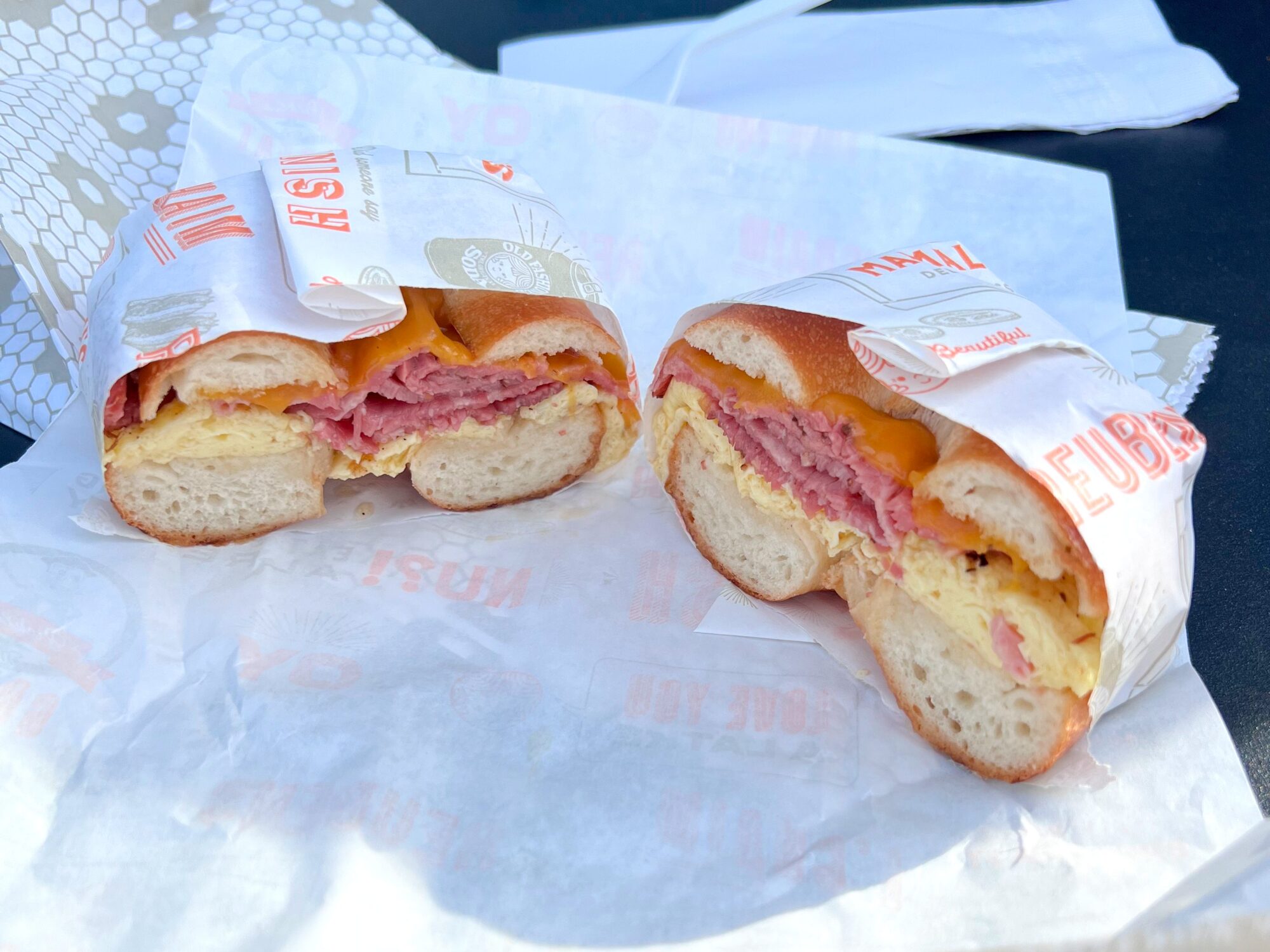 A pastrami, egg, and cheese bagel from Mamaleh's