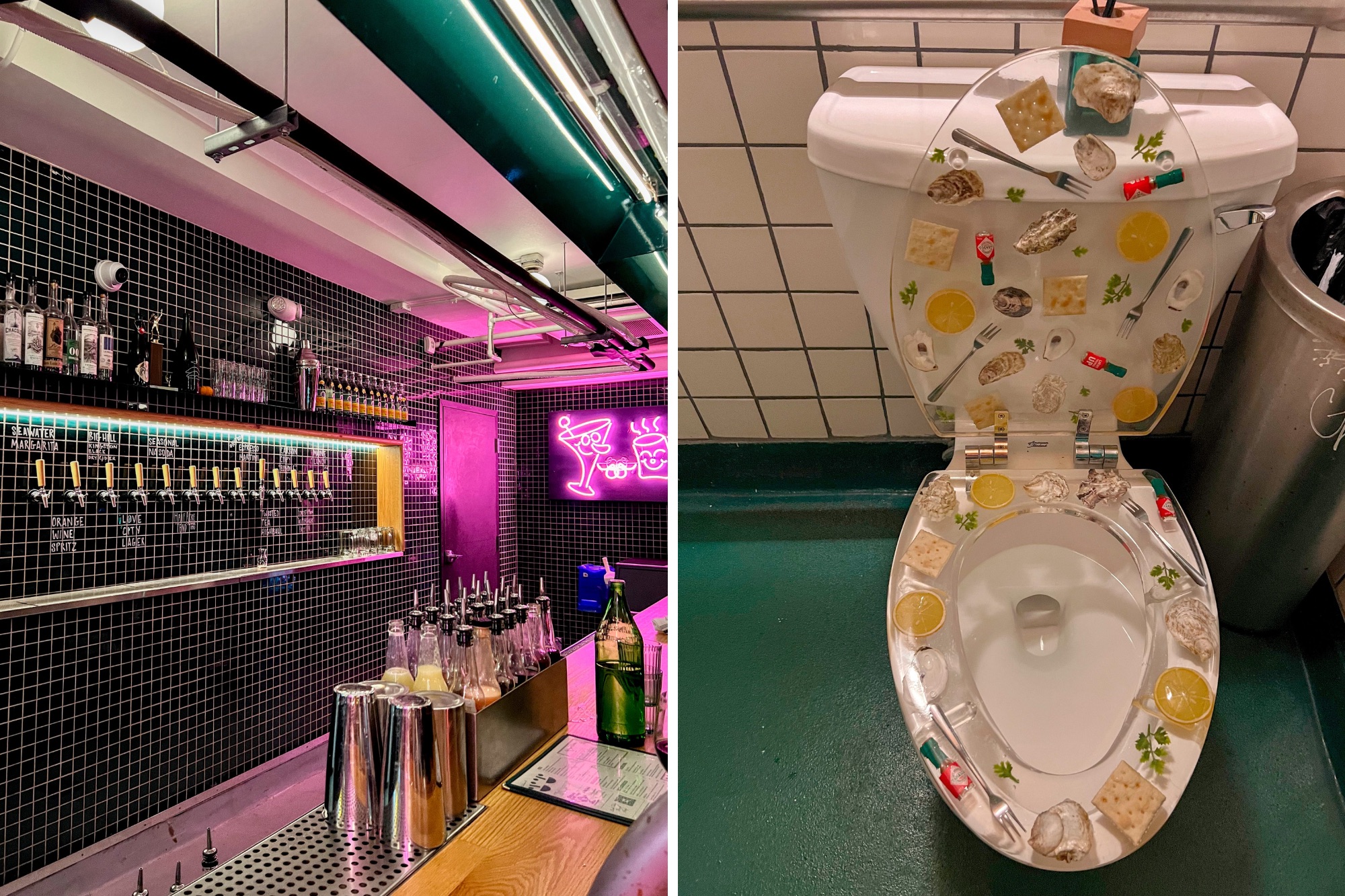 The bar at Middle Child Clubhouse and a toilet with oyster things embedded