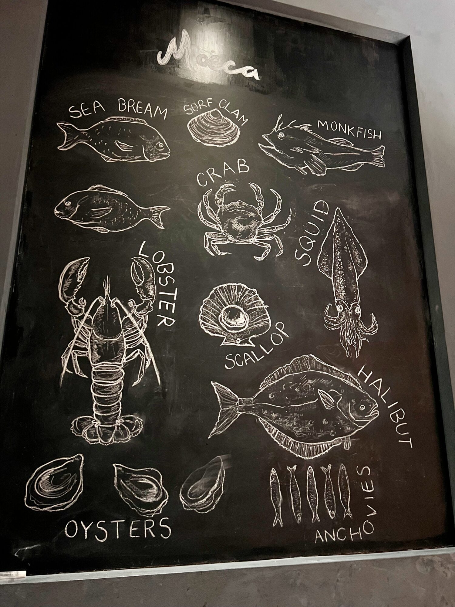 A chalkboard with illustrations of fish at Moeca in Cambridge