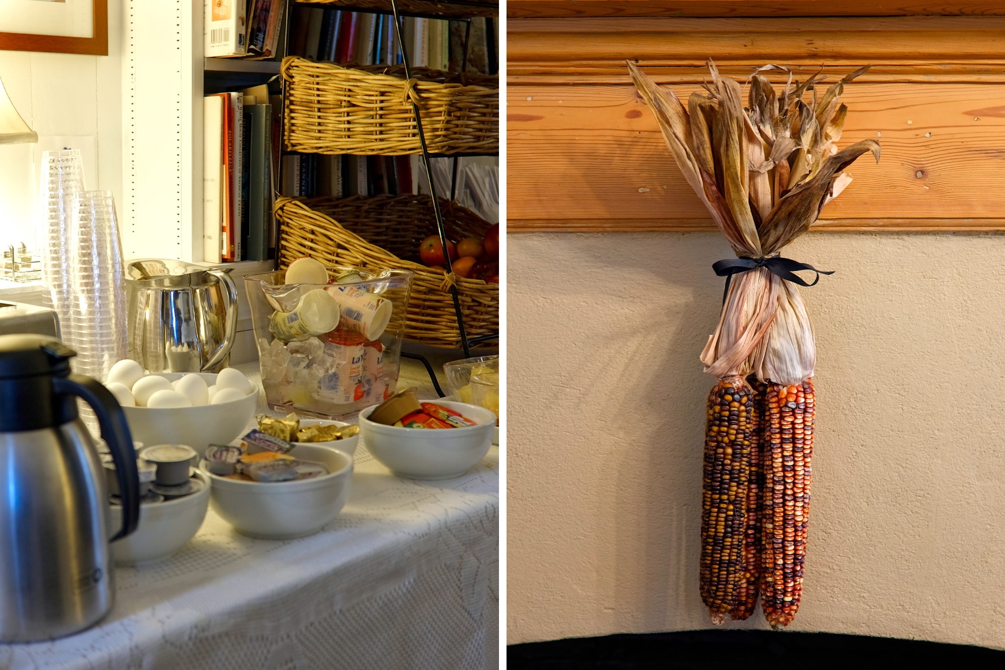 Two images of the Morris House Hotel: breakfast and hanging dried corn