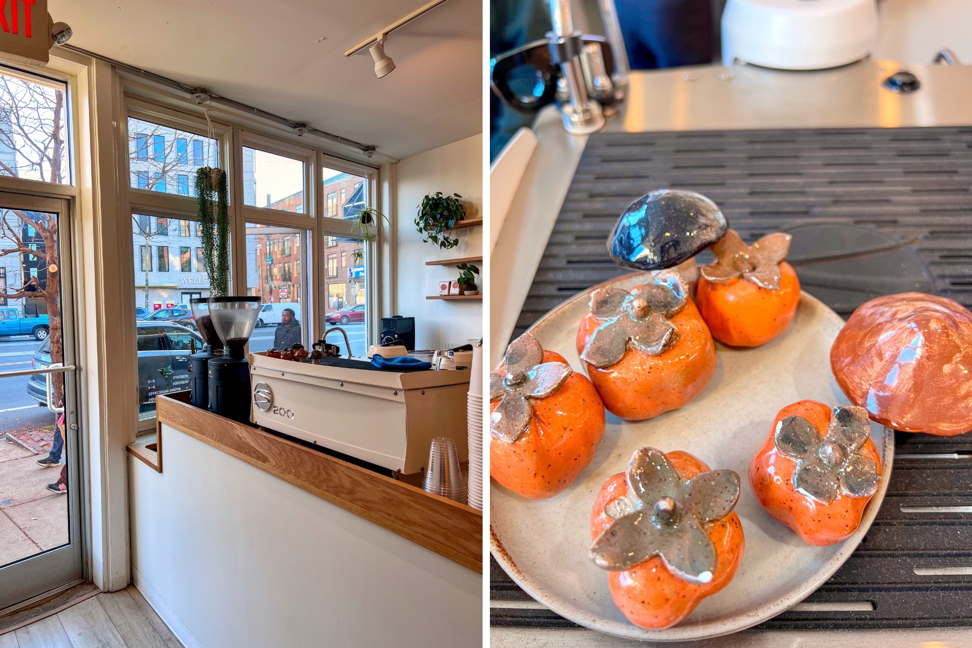 Interior of Persimmon Coffee and a tray of ceramic persimmons