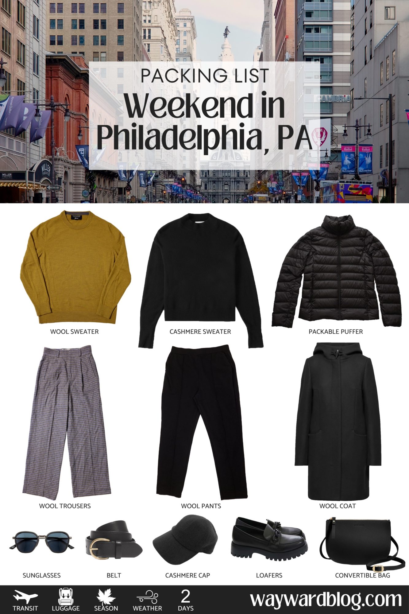 A collage of all the garments in the packing list for Philadelphia