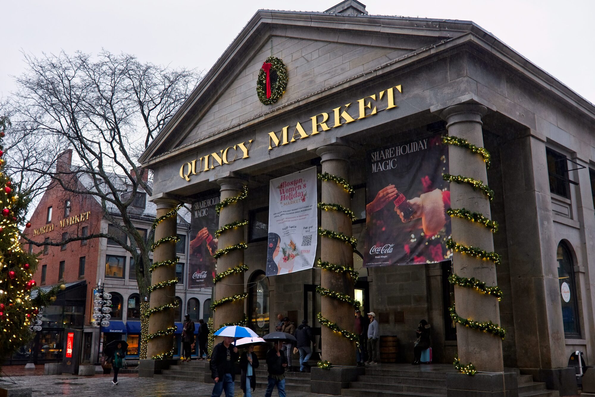 Quincy Market in Boston decorated for the holidays
