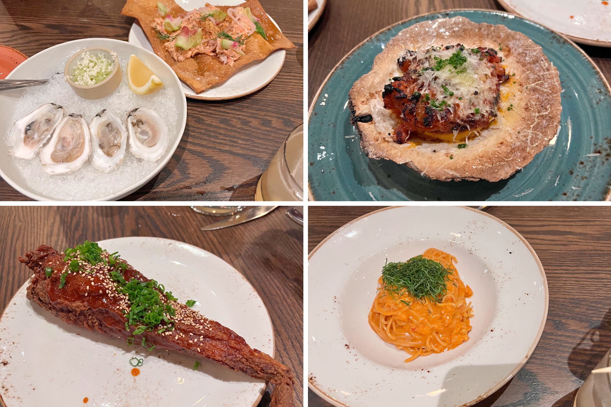 Four images of seafood dishes at Moeca in Cambridge