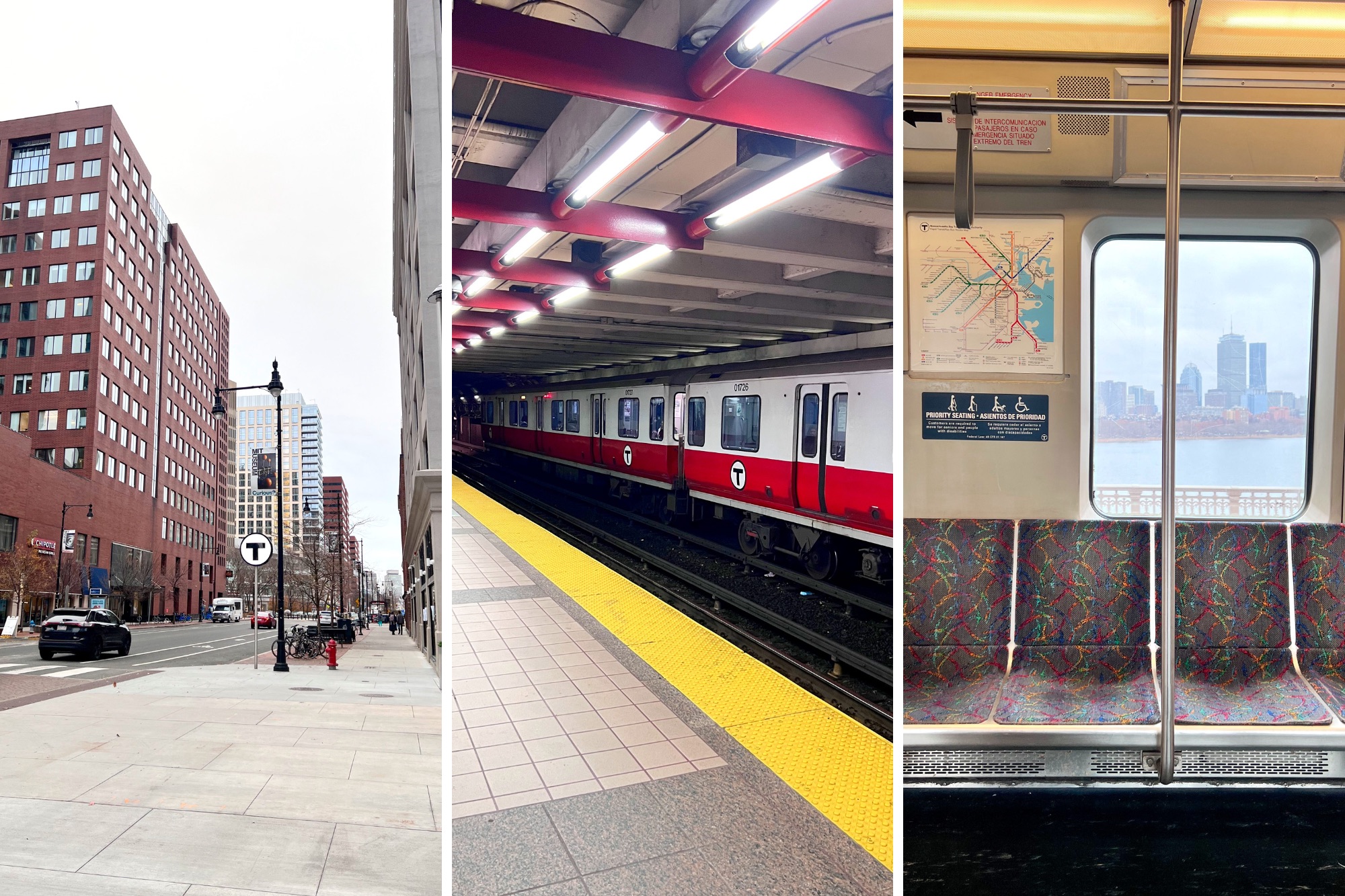 Exterior of a T station, a T platform, and a T train