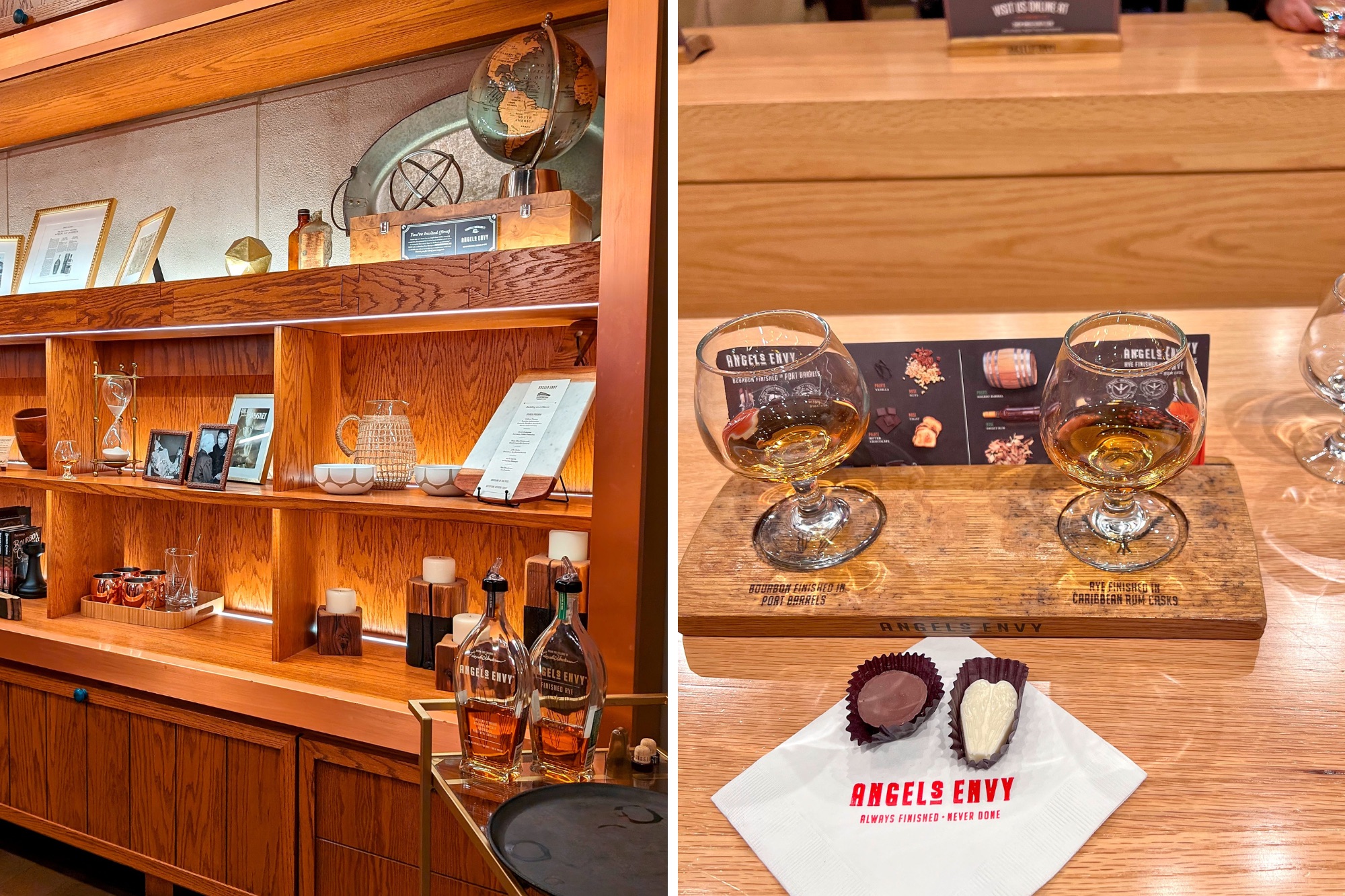 A shelf of bourbon bottles and the Angel's Envy tasting glasses