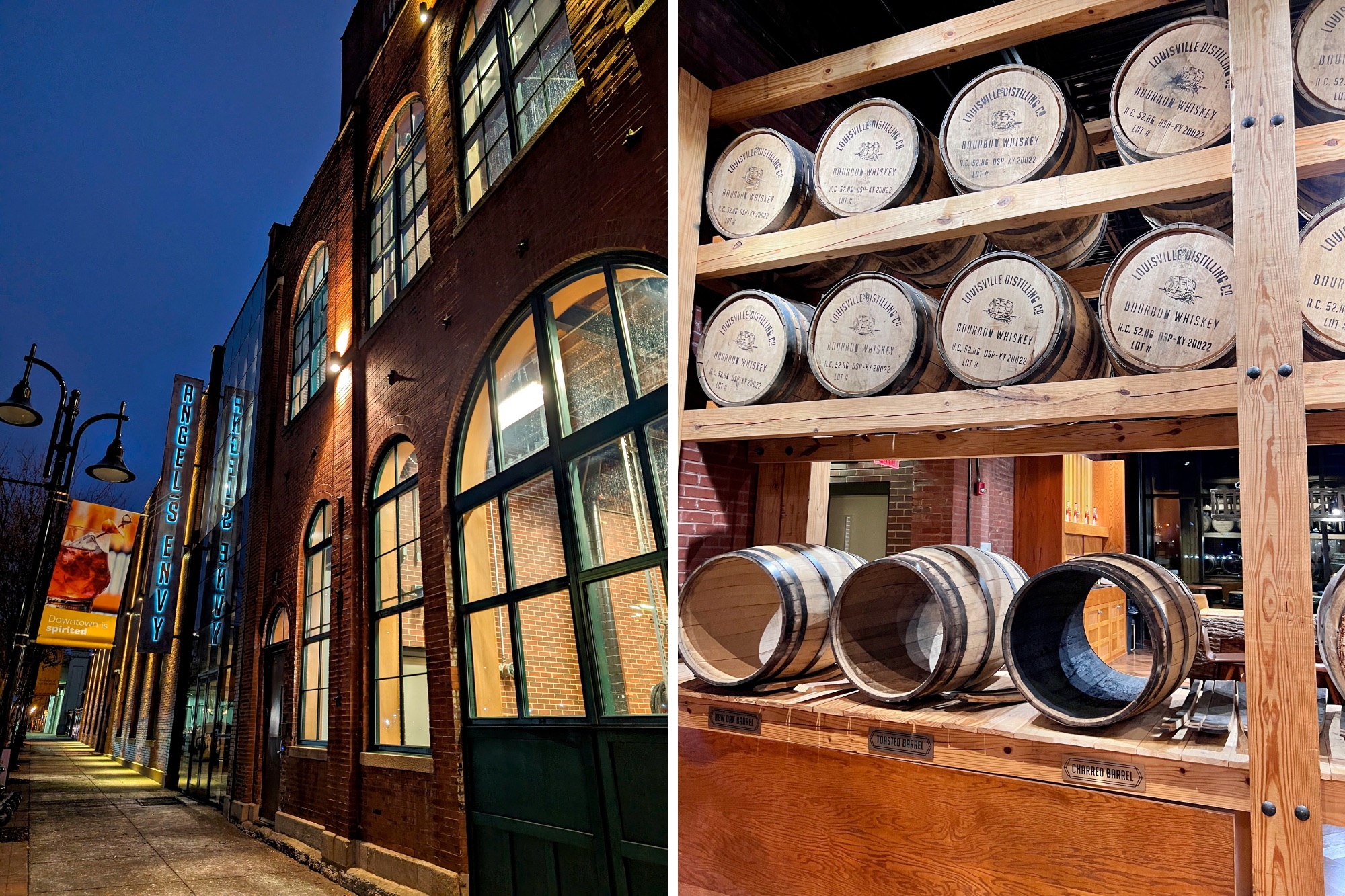 Exterior of Angel's Envy distillery and bourbon barrels