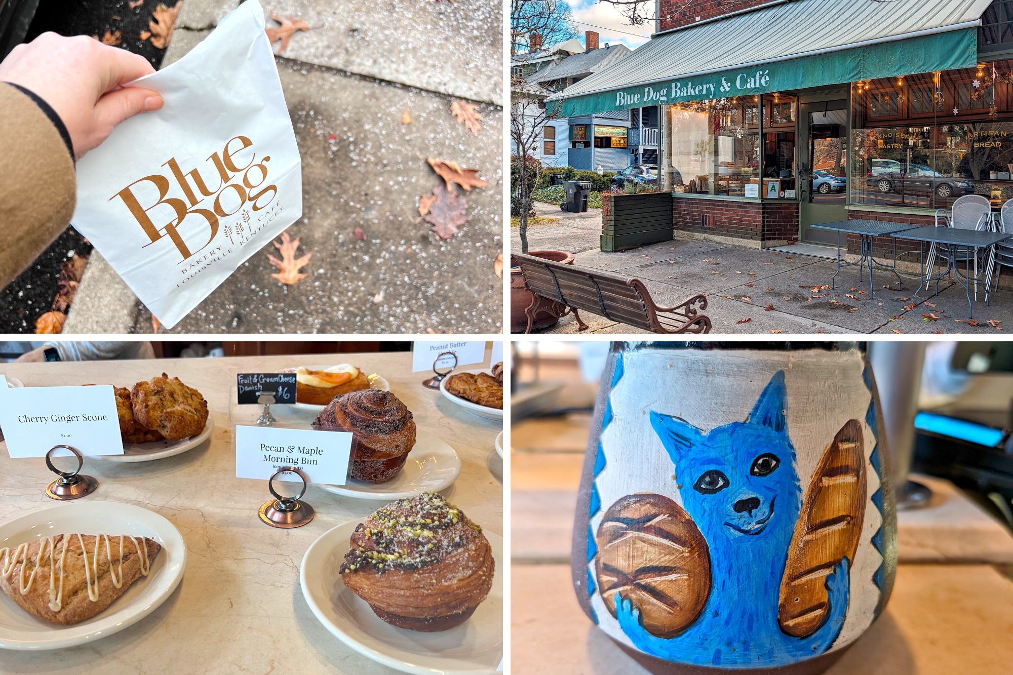 Four images of Blue Dog Bakery and Cafe and its pastries