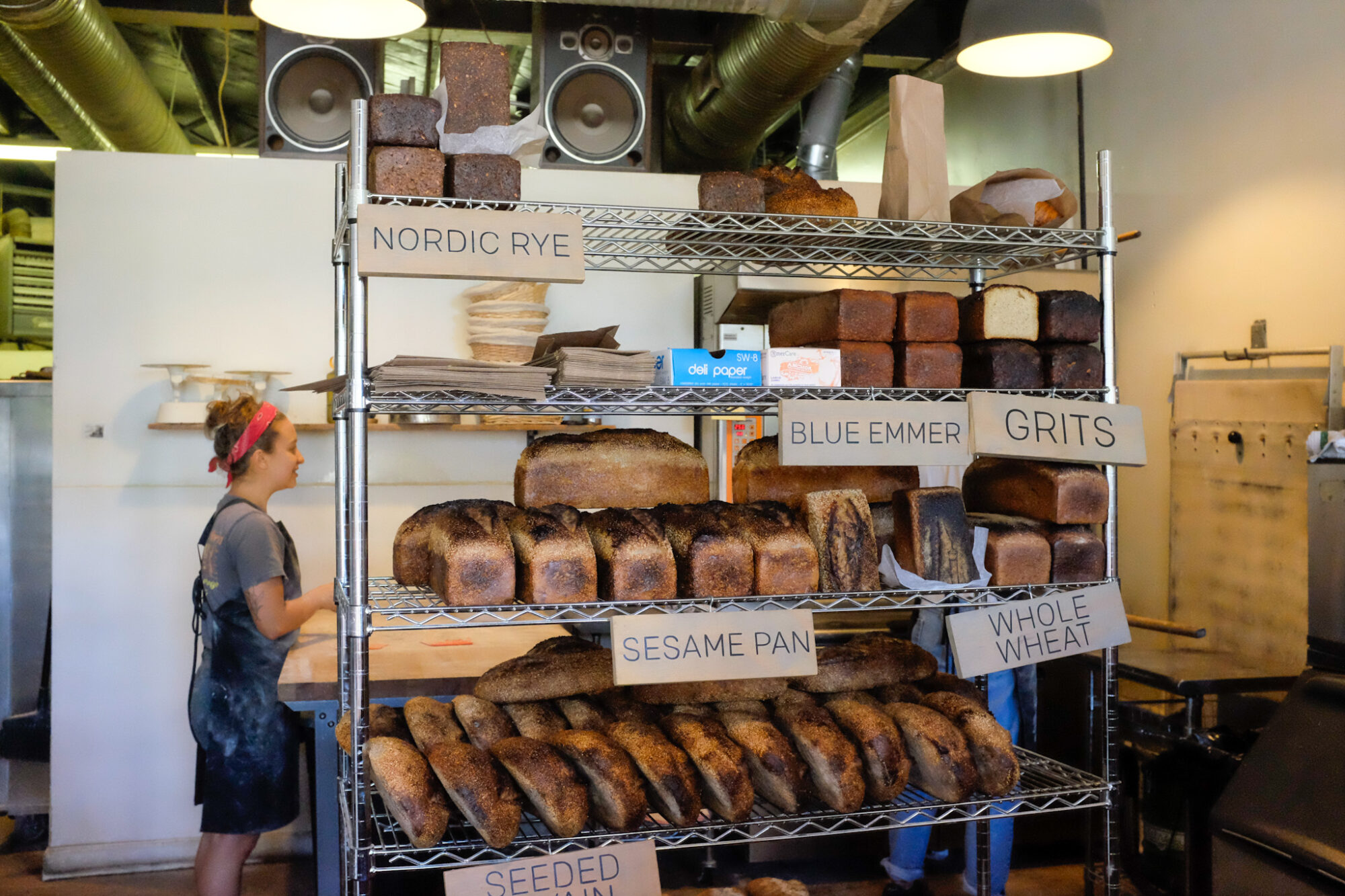 Loaves of bread on a rack at Boulted Bread