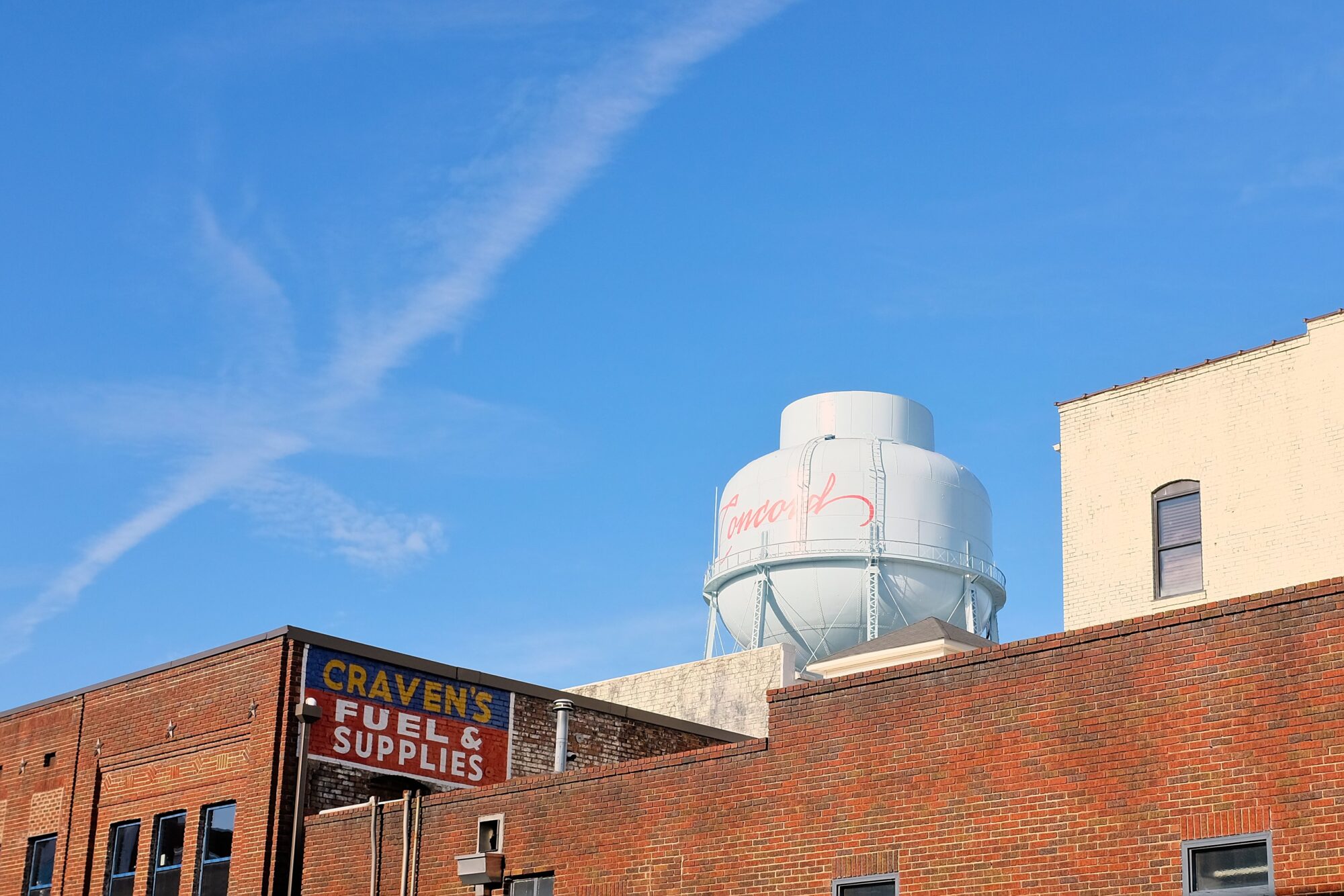 The Concord water tower is seen in the distance