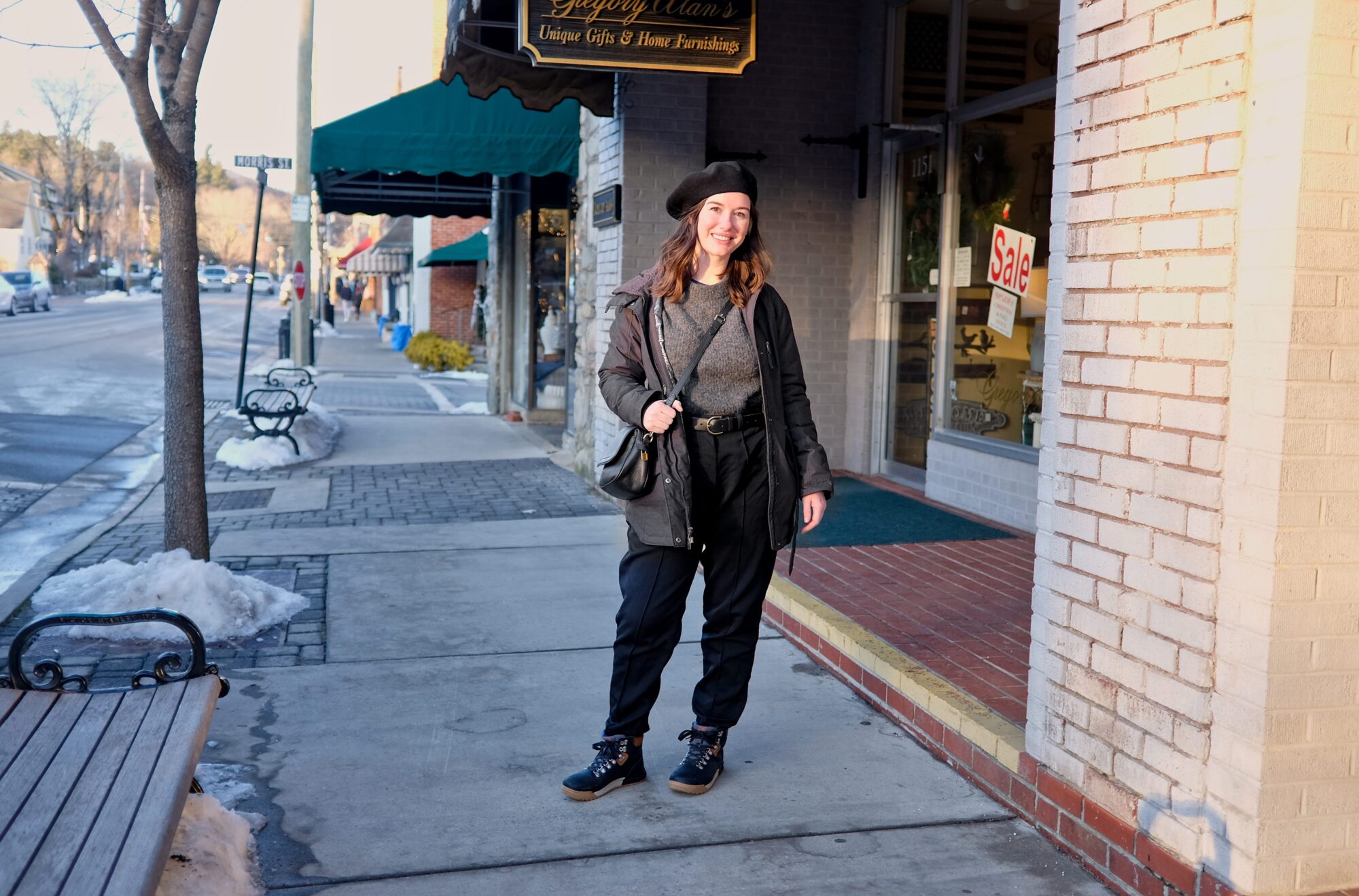 Alyssa in downtown Blowing Rock in winter