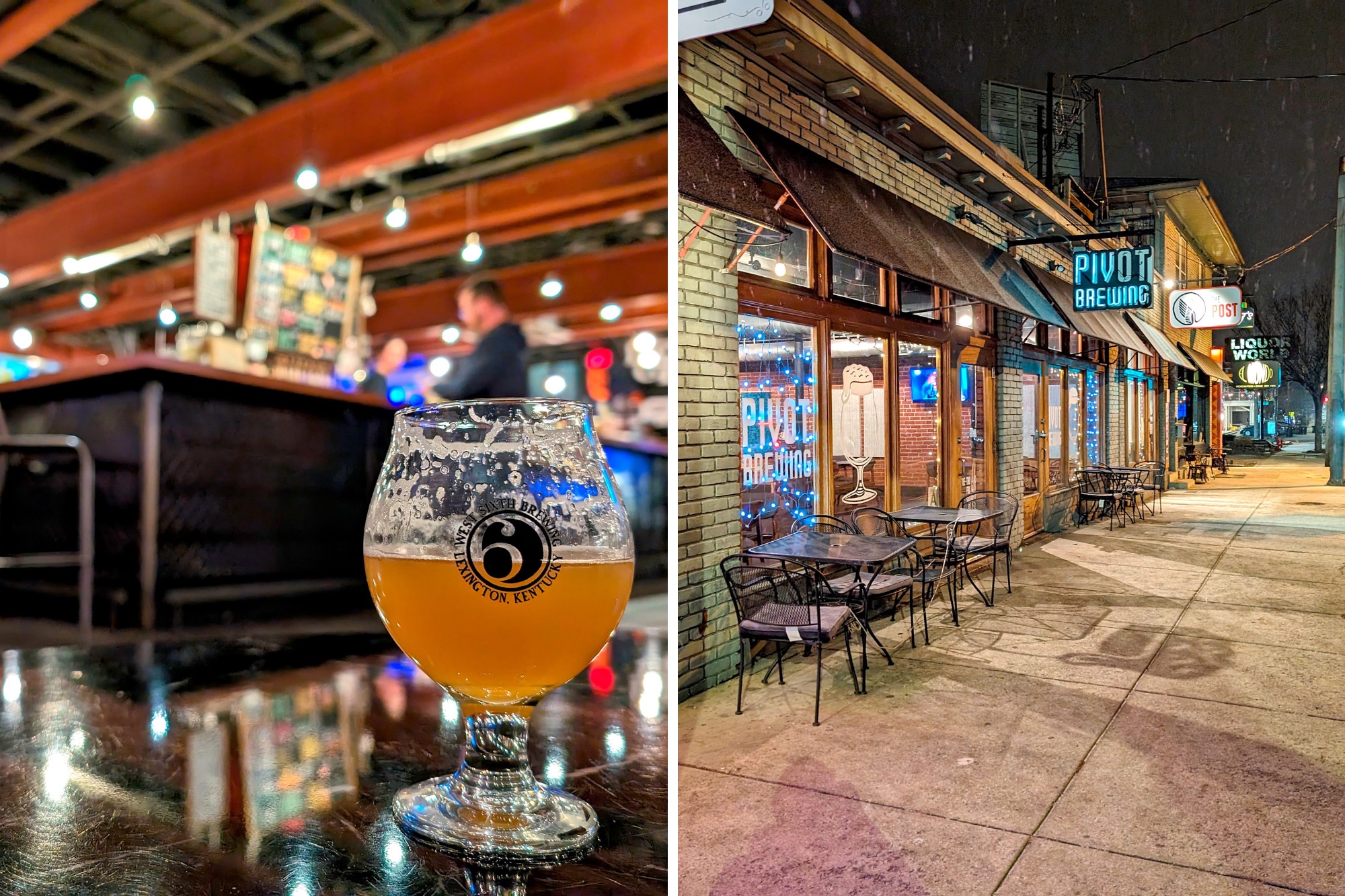 A beer on a table at West Sixth and the entrance to Pivot Brewing