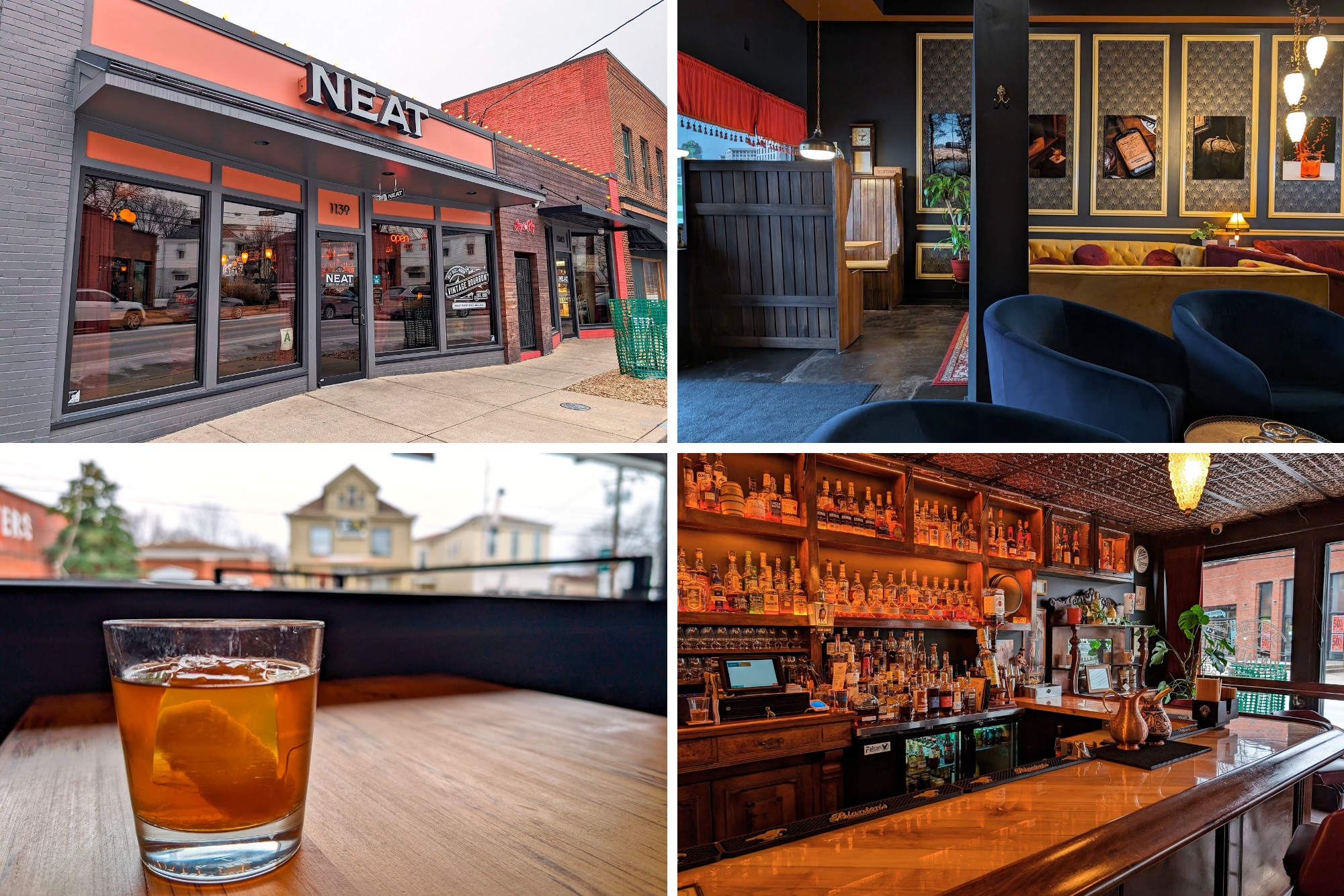 Four photos inside and outside Neat Bourbon Bar in Louisville