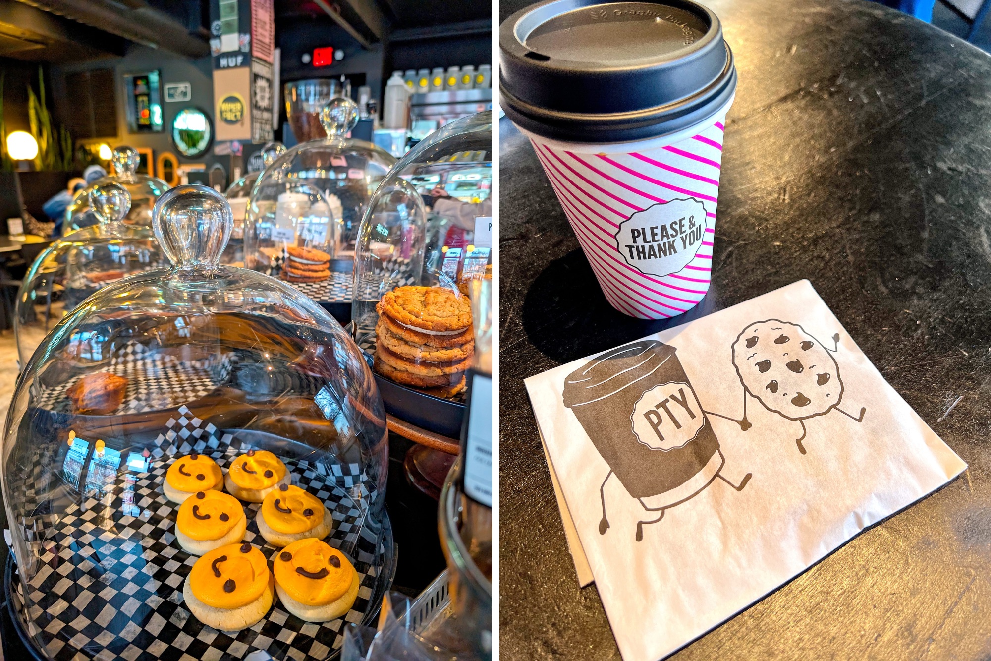 A display of cookies and a coffee at Please & Thank You