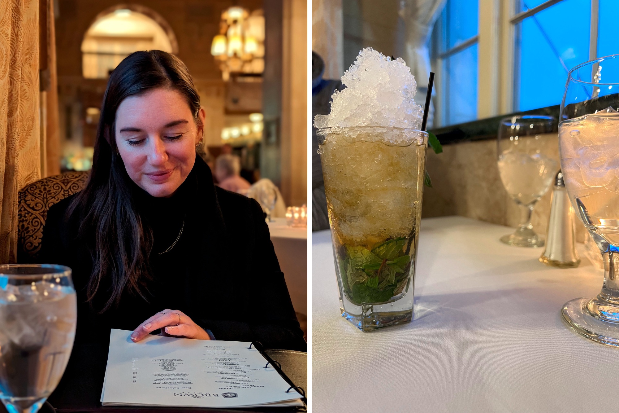 Alyssa looks over the menu at The Brown Hotel; a mint julep