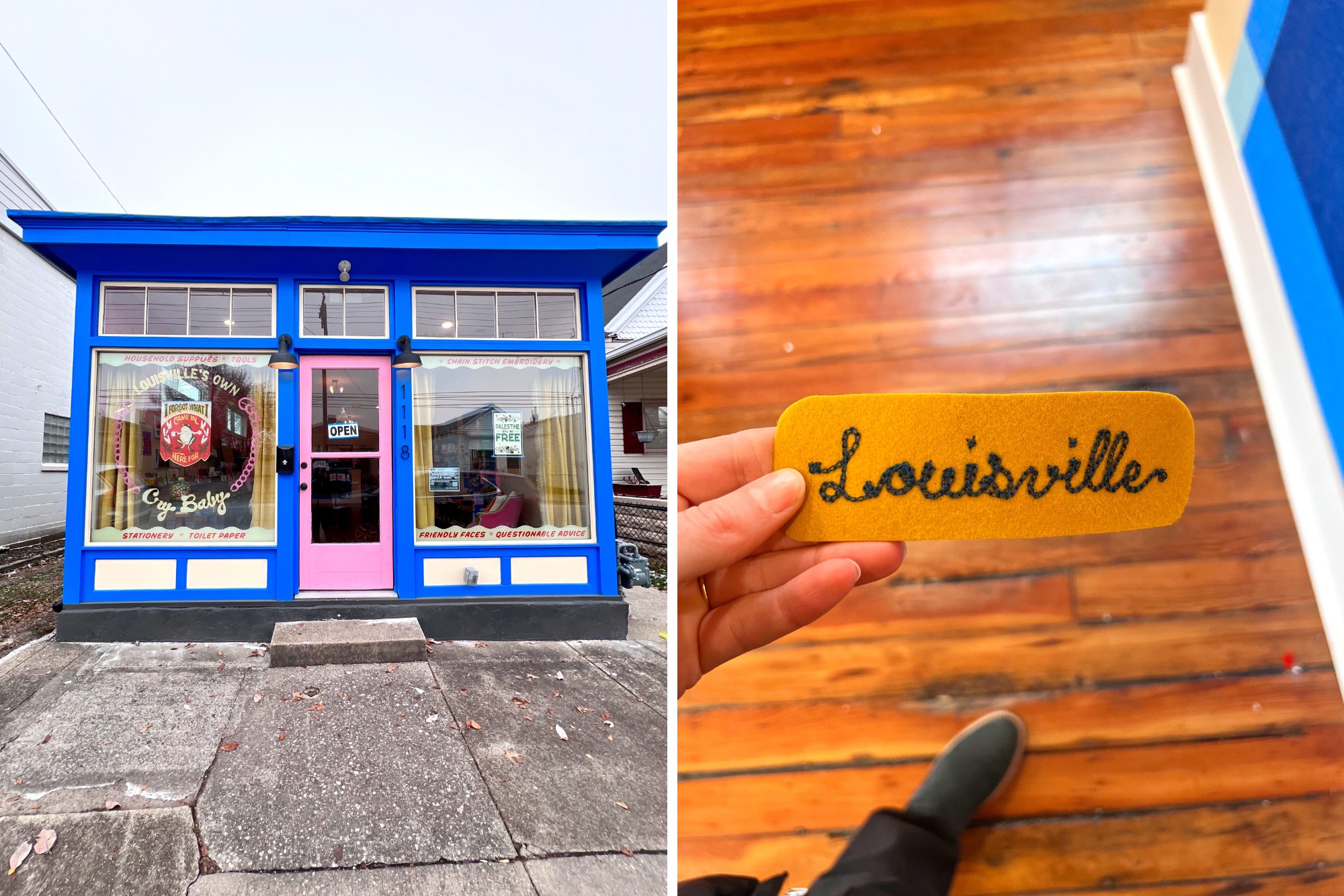 The exterior of Cry Baby General Store and a custom patch