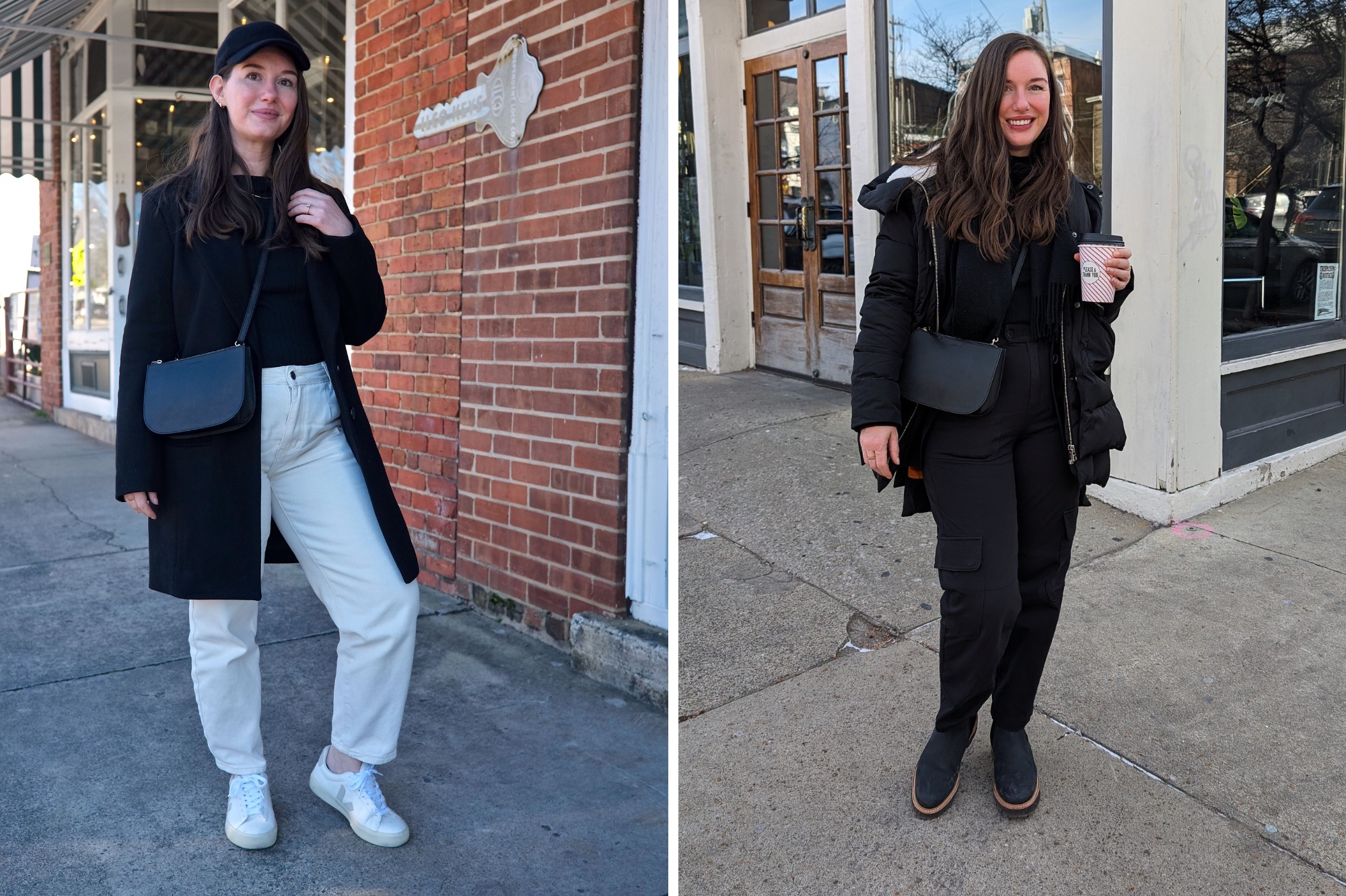 Alyssa wears the Waverley 2 bag over her coat in two travel photos