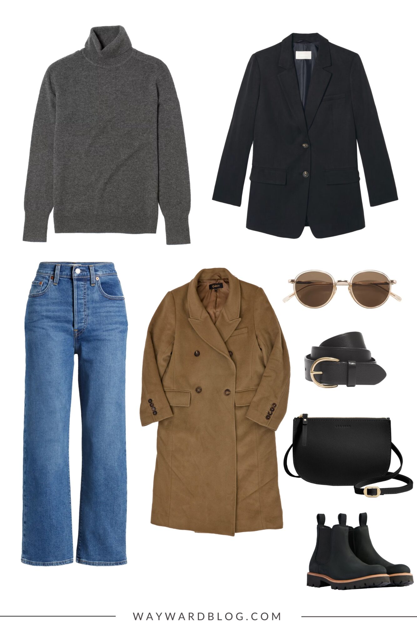 A clothing collage of everything Alyssa wore on Saturday, including a grey sweater, blue jeans, camel coat, and winter accessories