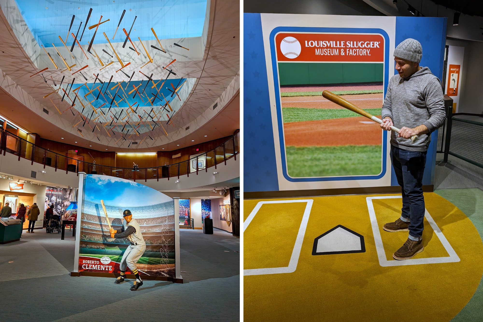 A photo of the Louisville Slugger Museum and Michael holding Babe Ruth's bat