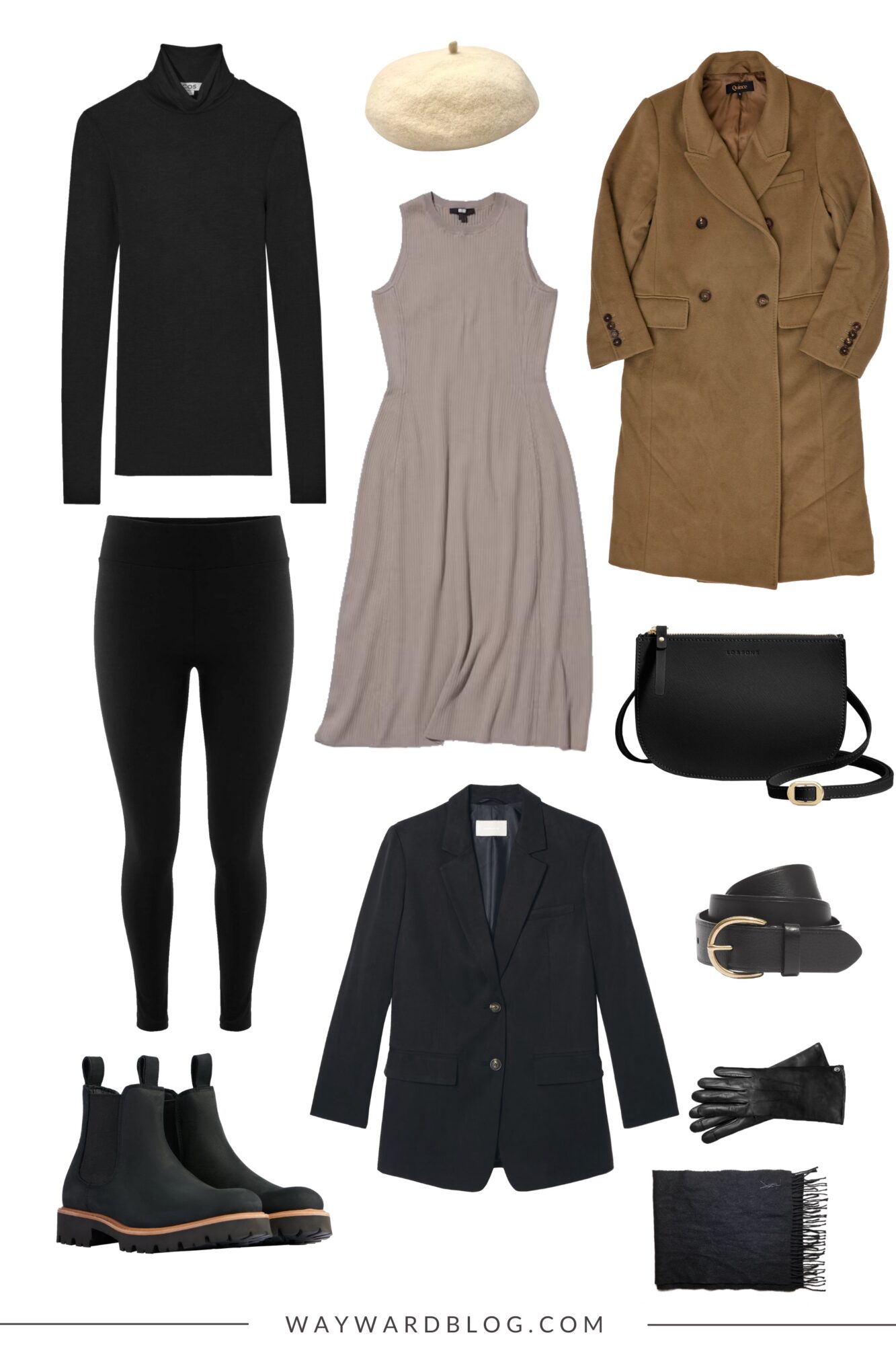 A collage of the garments worn on Saturday night featuring a grey midi dress, camel coat, and black innerwear