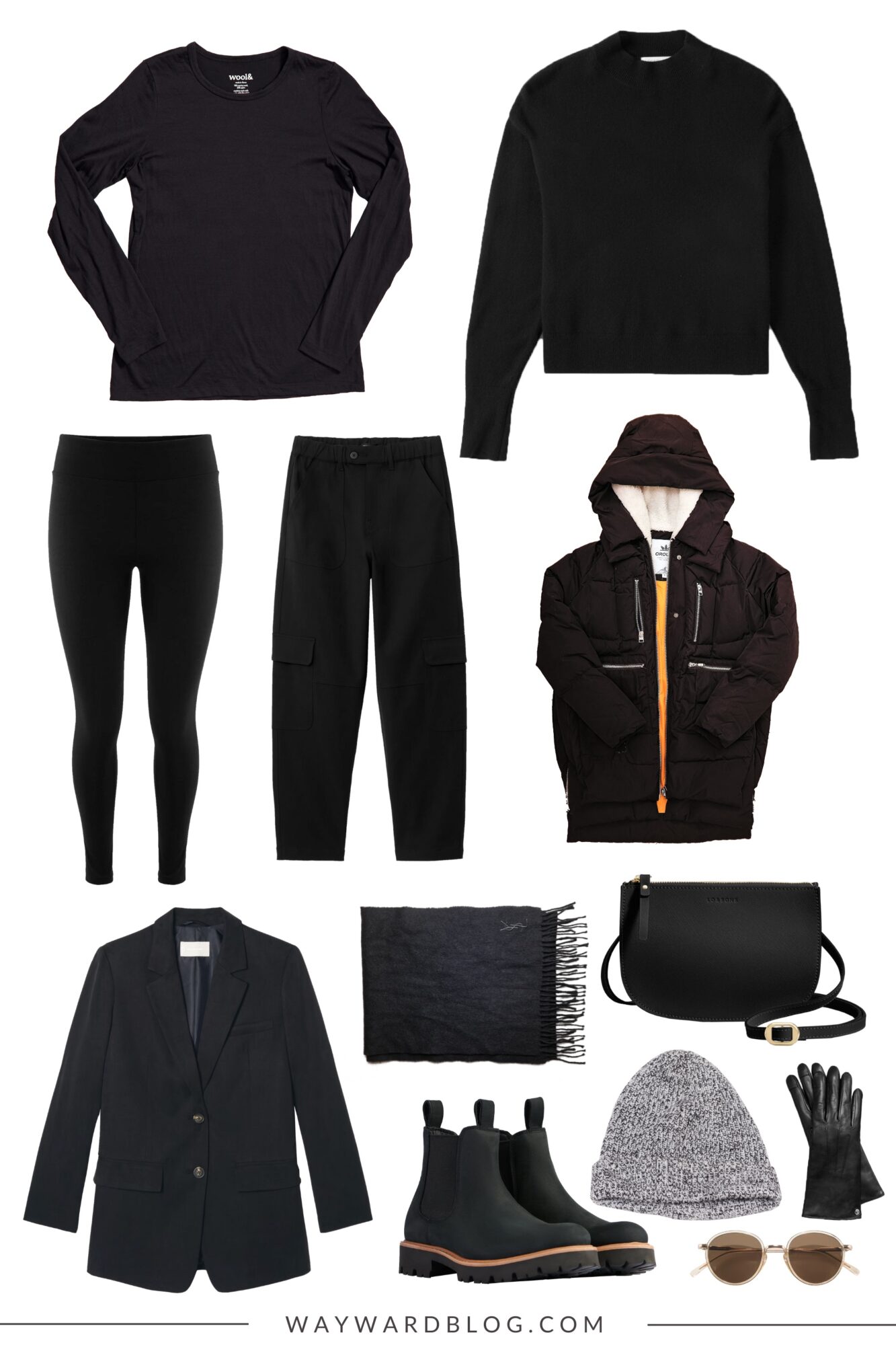 A collage of all items worn on a cold day in Louisville, including wool innerwear and a puffy coat