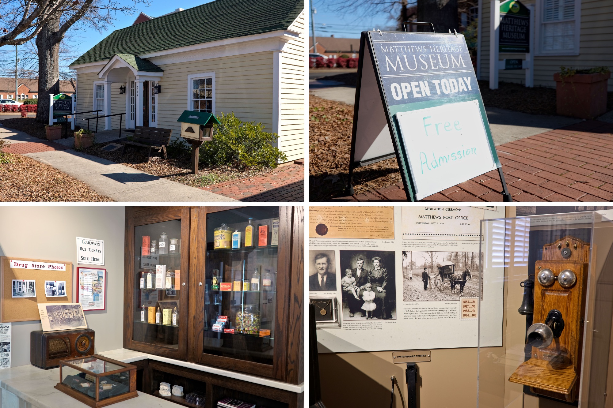 Four images: The exterior of the Matthews Heritage Museum, a sign advertising free admission, and two exhibits