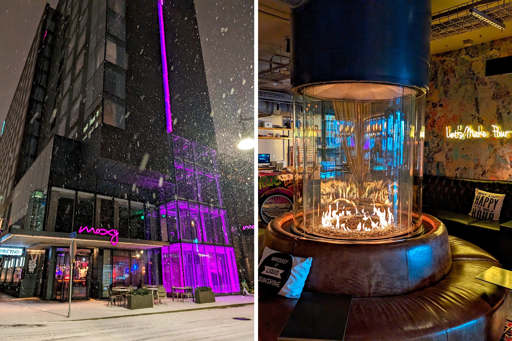 Exterior of Moxy Louisville Downtown and a photo of the lobby