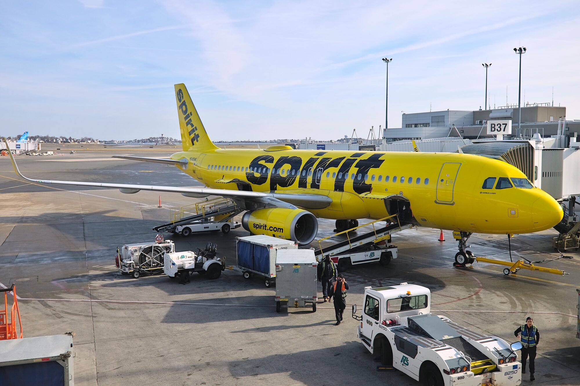 A Spirit Airlines plane on the tarmac at Boston Logan Airport