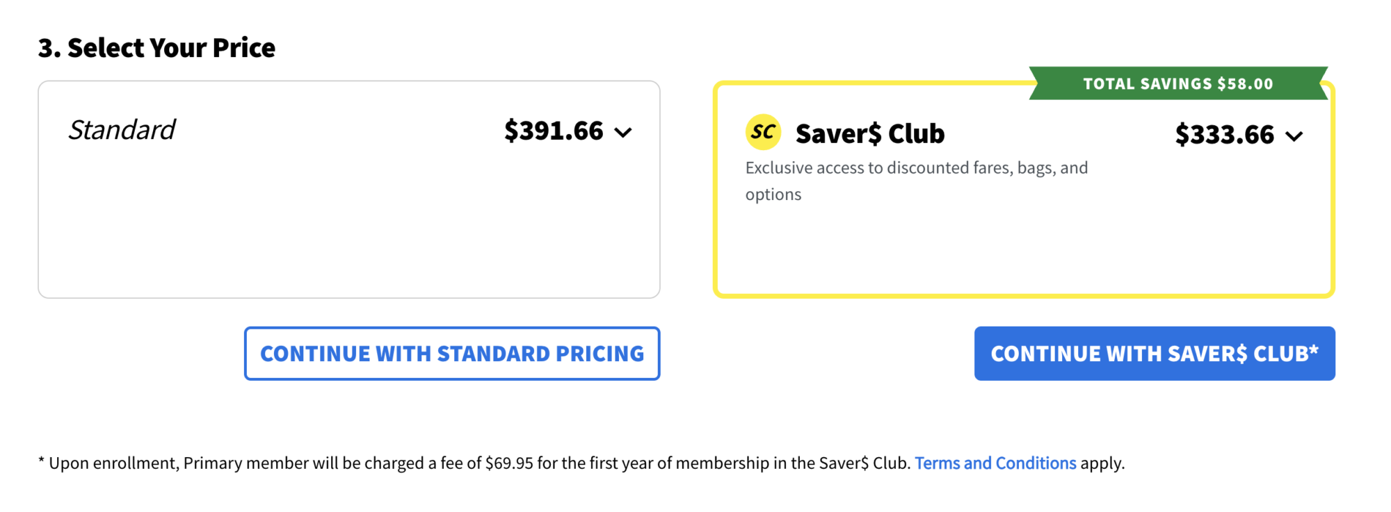 A screenshot from the Spirit site enticing customers to sign up for the Saver$ Club