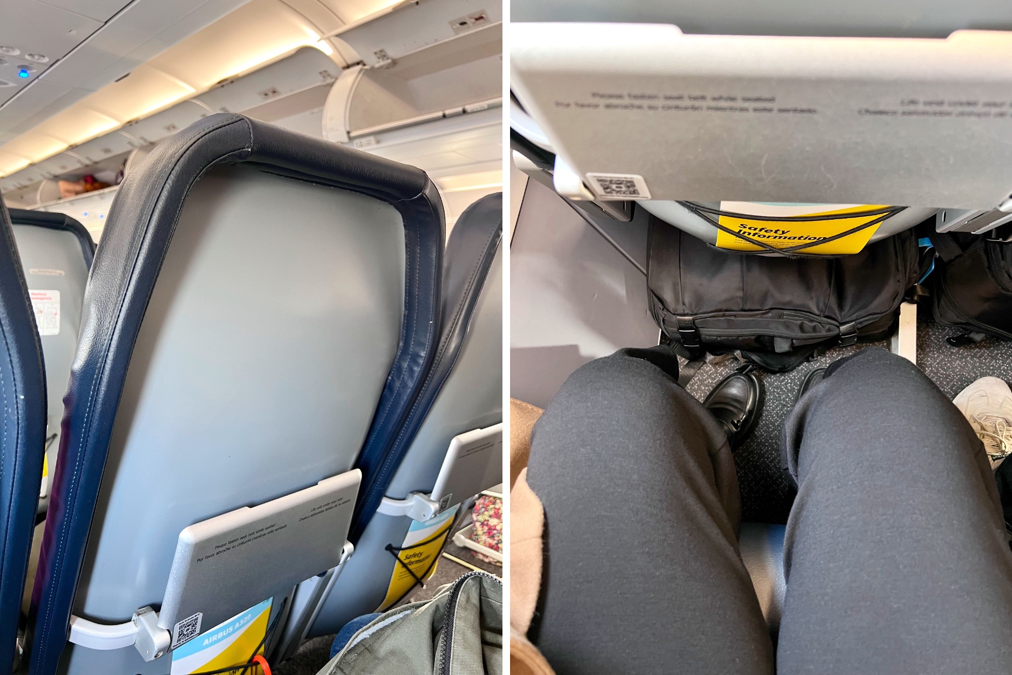 A thin Spirit seat and limited leg room on a Spirit flight