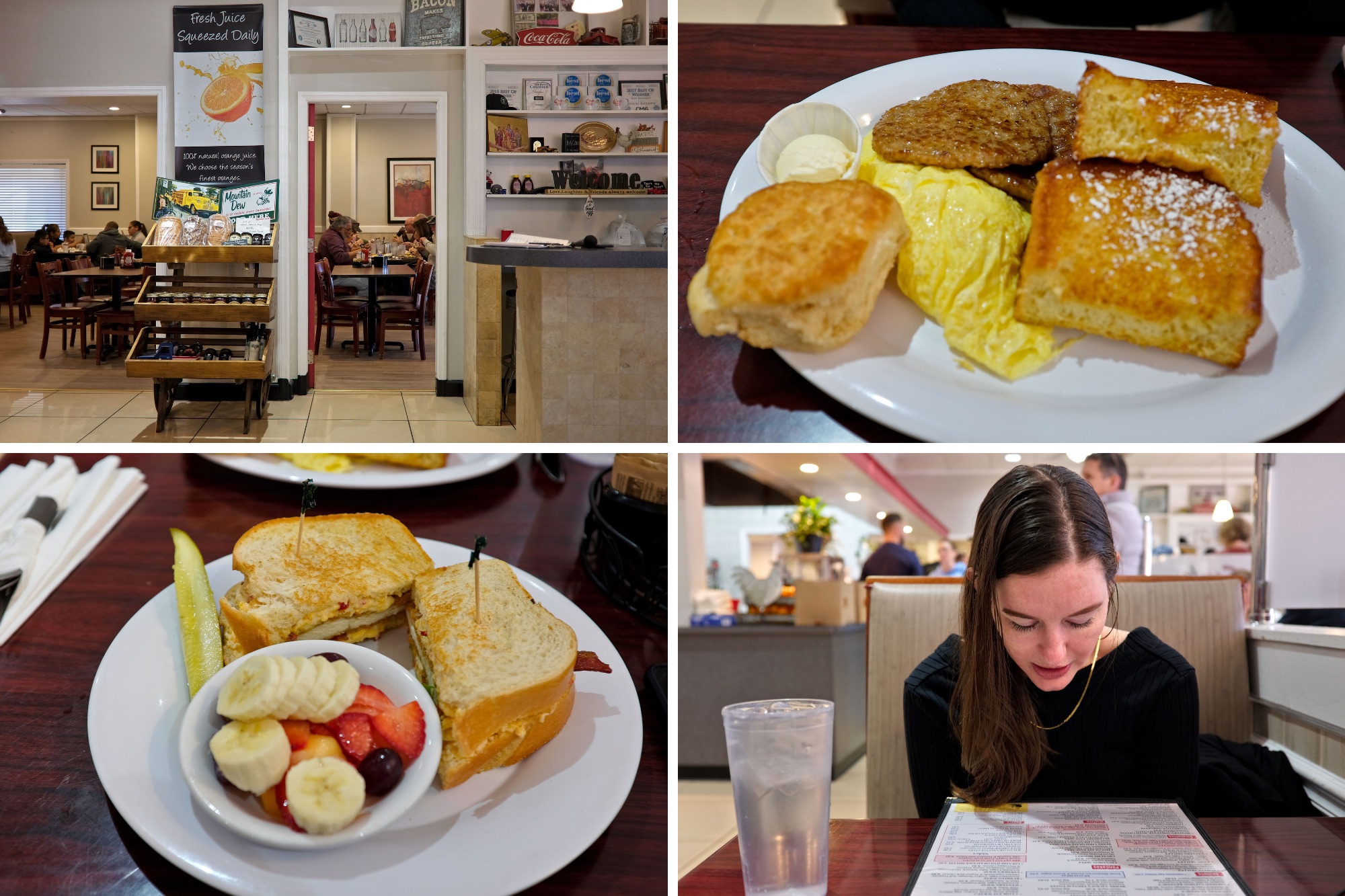 Four images: Interior of Stacks, a plate with French toast and breakfast items, a chicken sandwich, and Alyssa looking over the menu
