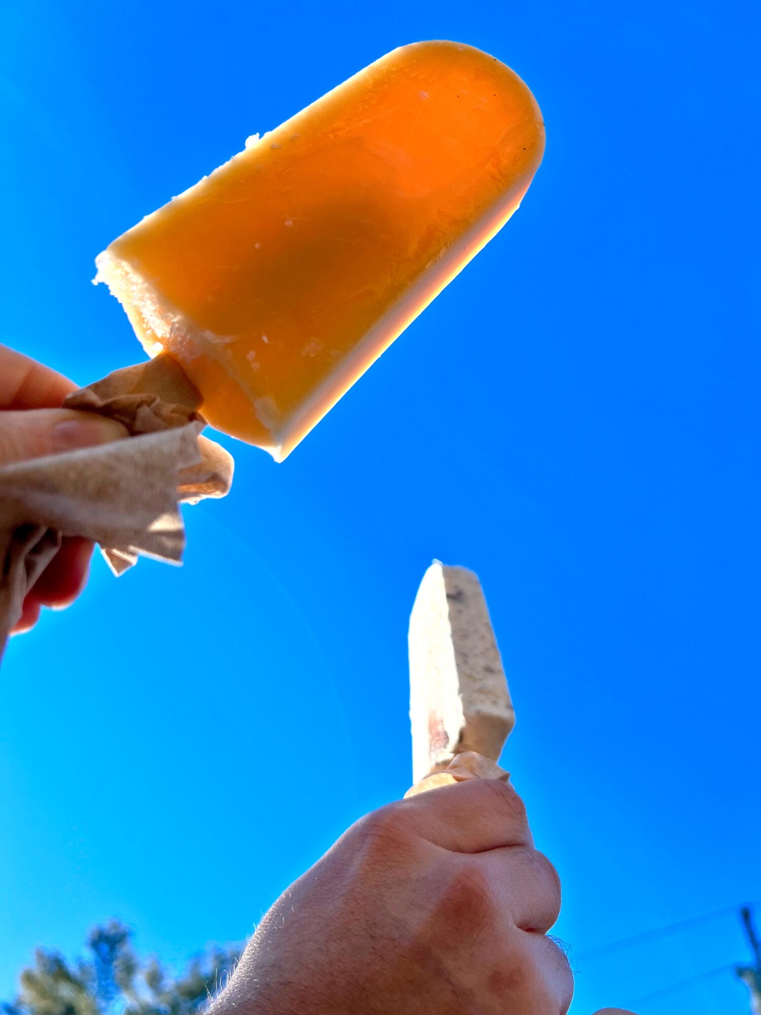 Two popsicles with a blue sky as a backdrop