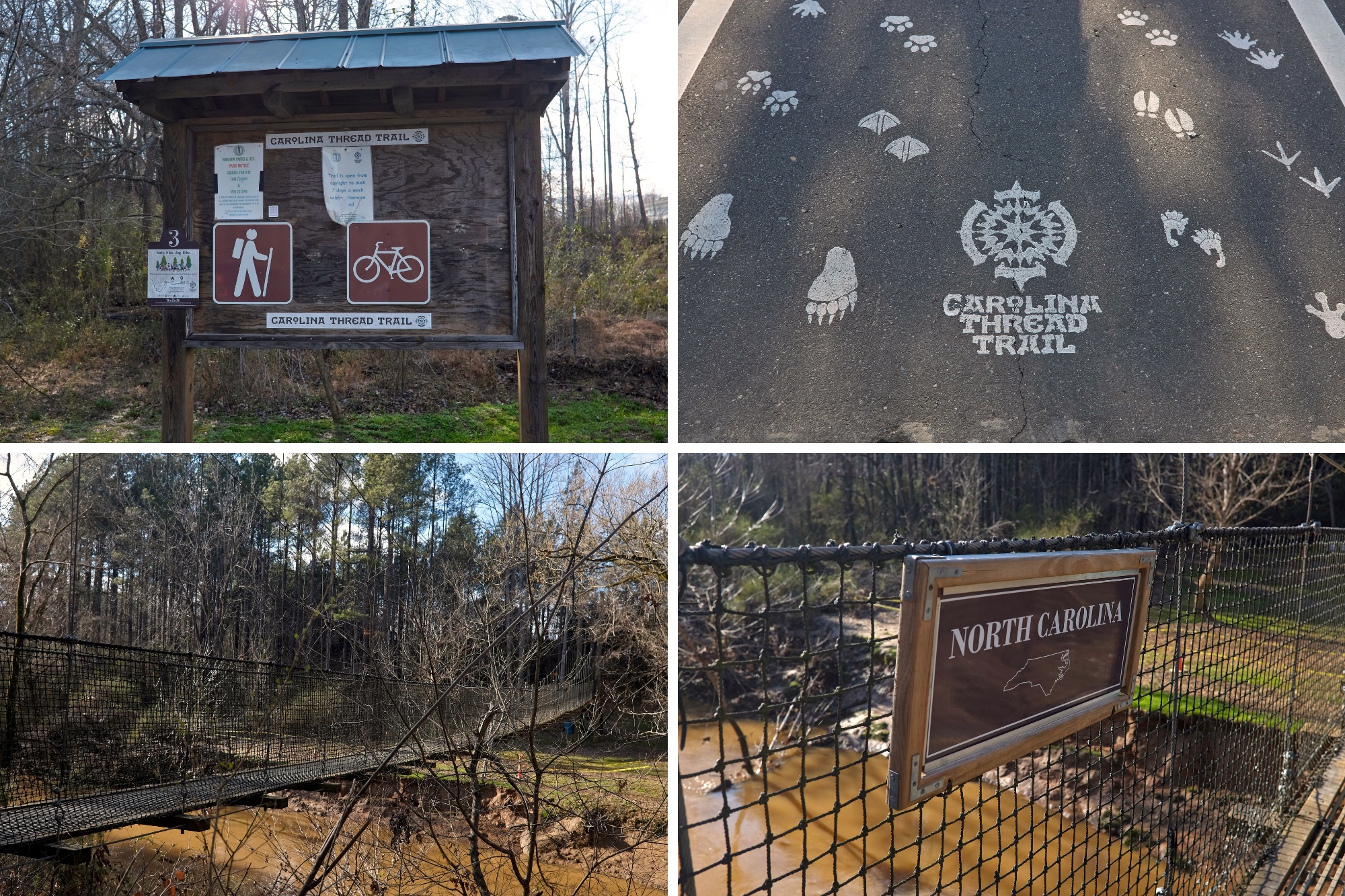 Four images of scenes from the Carolina Thread Trail and Suspension Bridge