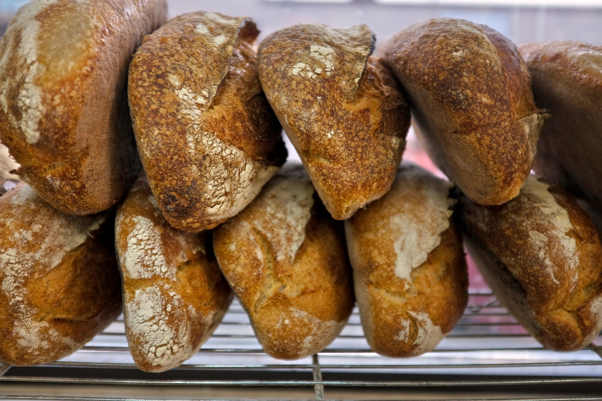 A rack of sourdough loaves from a Charlotte bakery