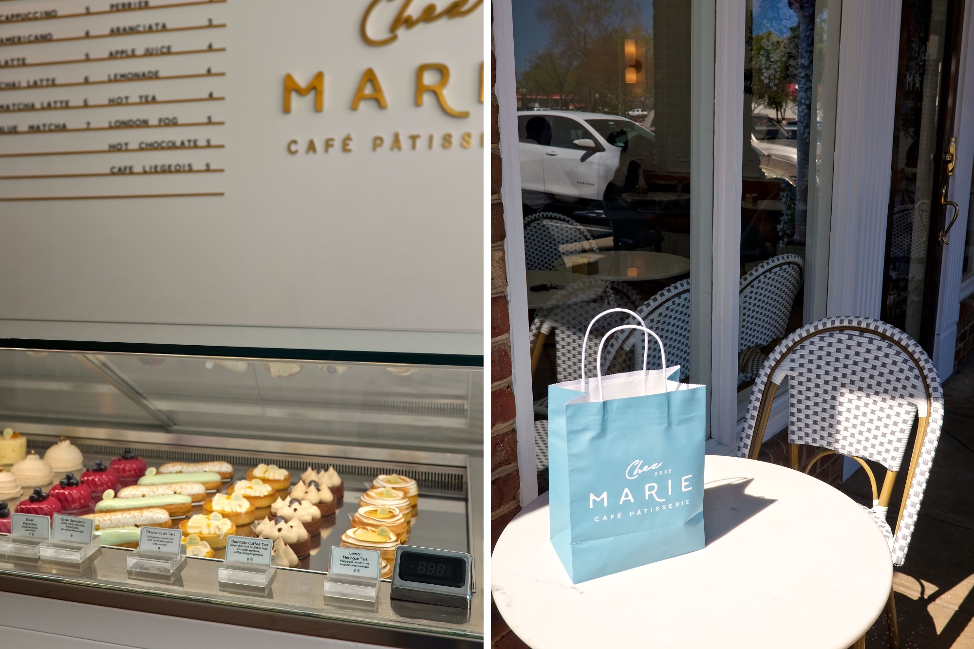 A pastry case and bistro table with a paper bag from Chez Marie Pâtisserie