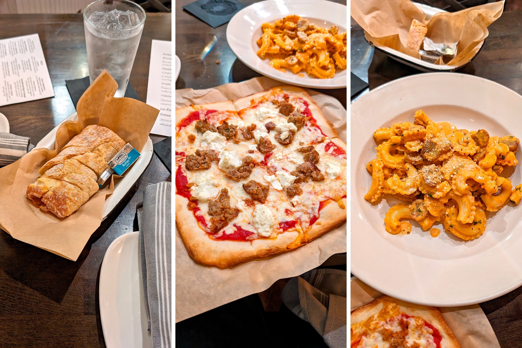 A trio of plates at Lisi Italian: fresh bread, pizza, and pasta