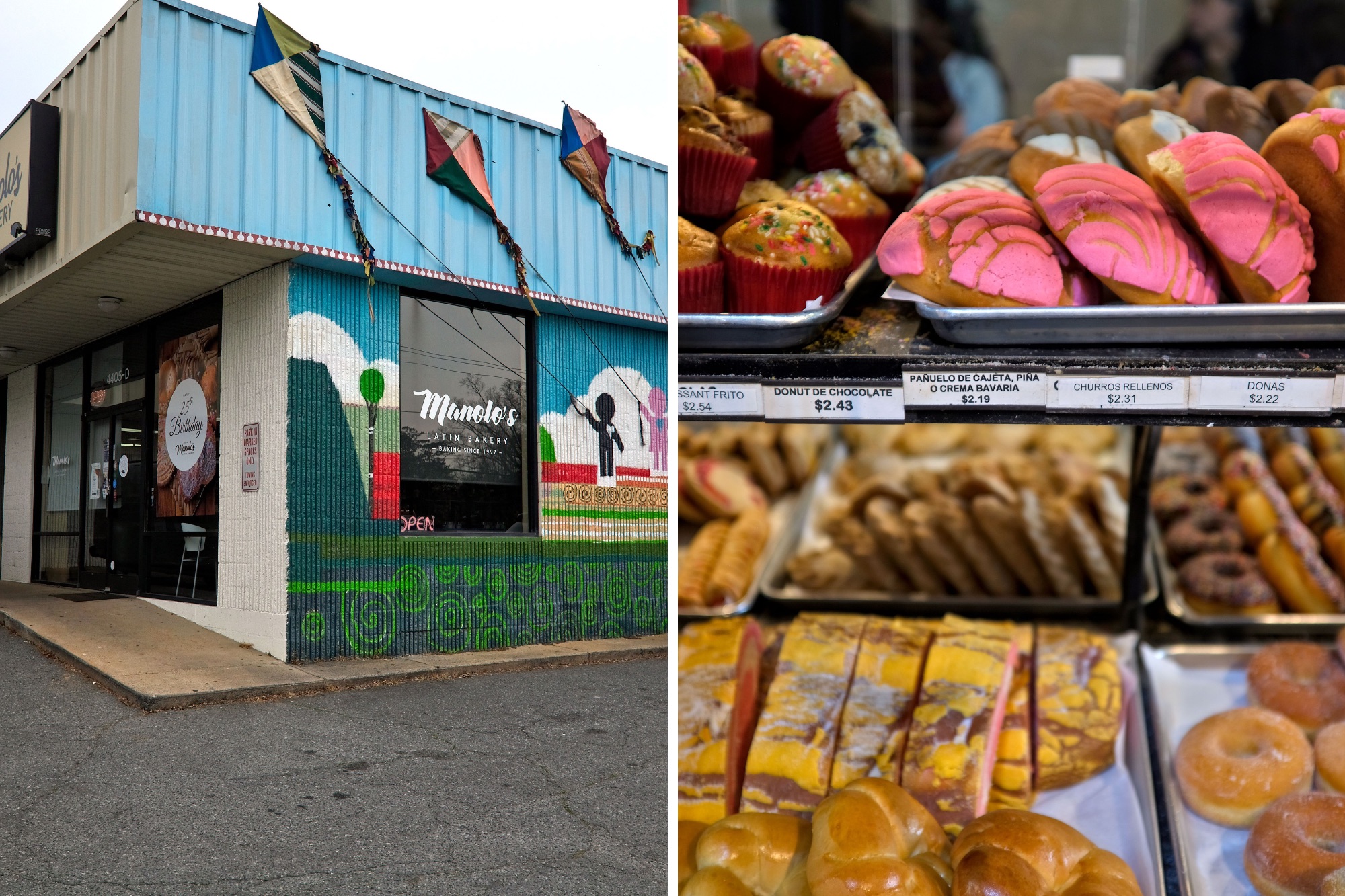 Exterior of Manolo's Bakery and a pastry case with conchas and treats