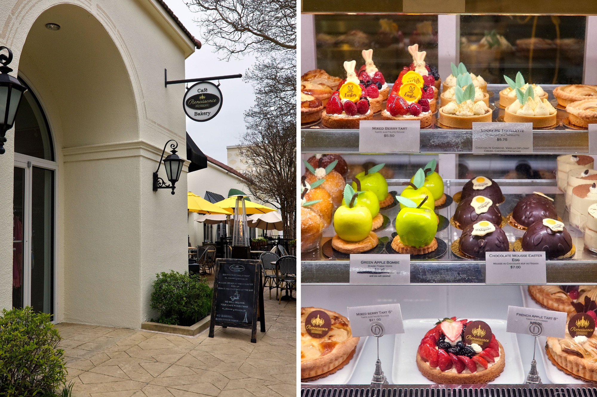 Exterior of Renaissance Pâtisserie and a pastry case