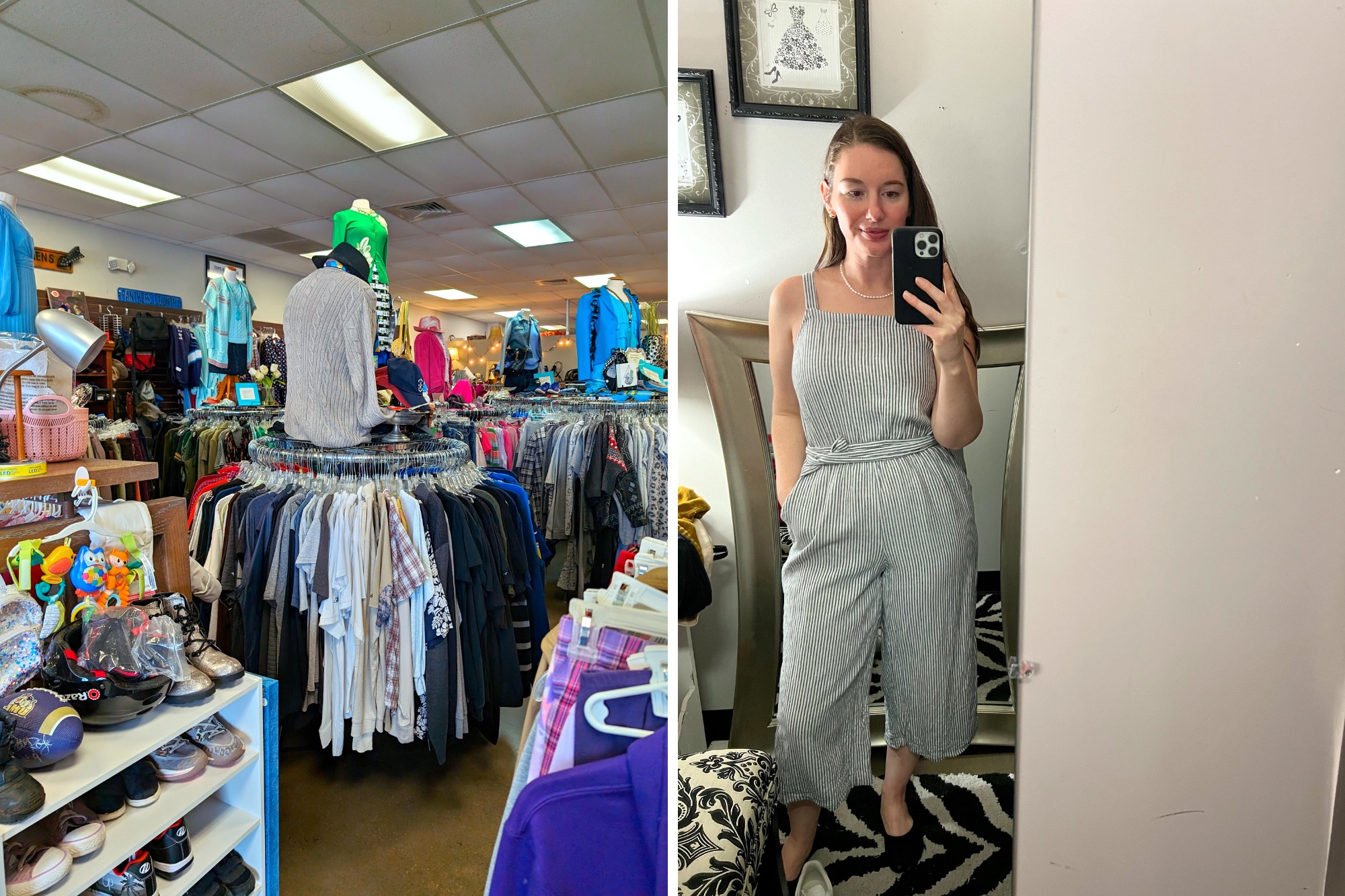 Two images: One of a display of clothing at Second Chance Boutique in Waxhaw, and Alyssa trying on a jumpsuit